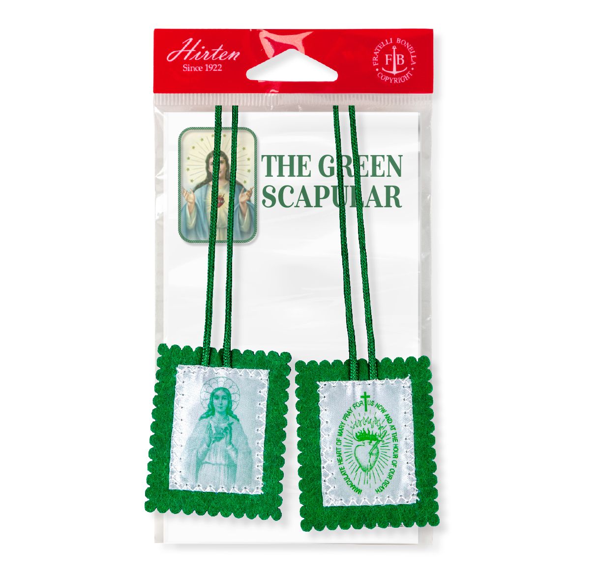 Escapulario de fieltro verde de 1 1/2" x 2" con folleto de instrucciones en un cordón verde de 22"