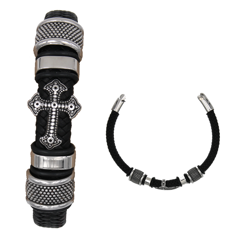 Pulsera de cuero genuino para hombre con cruz y detalles en tono plateado