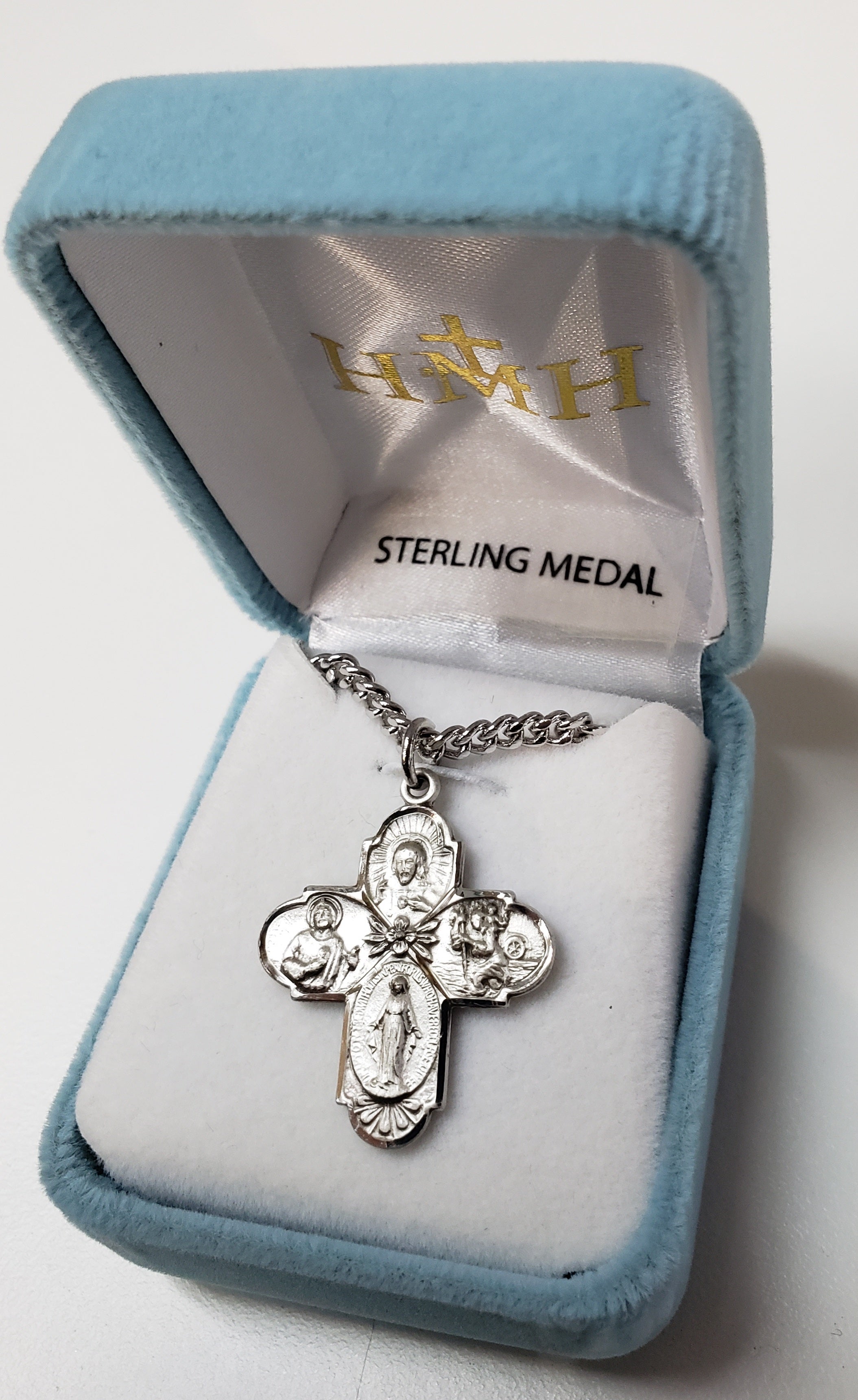 Medalla de San Judas Tadeo de cuatro vías en plata de ley con centro de flor de 24"