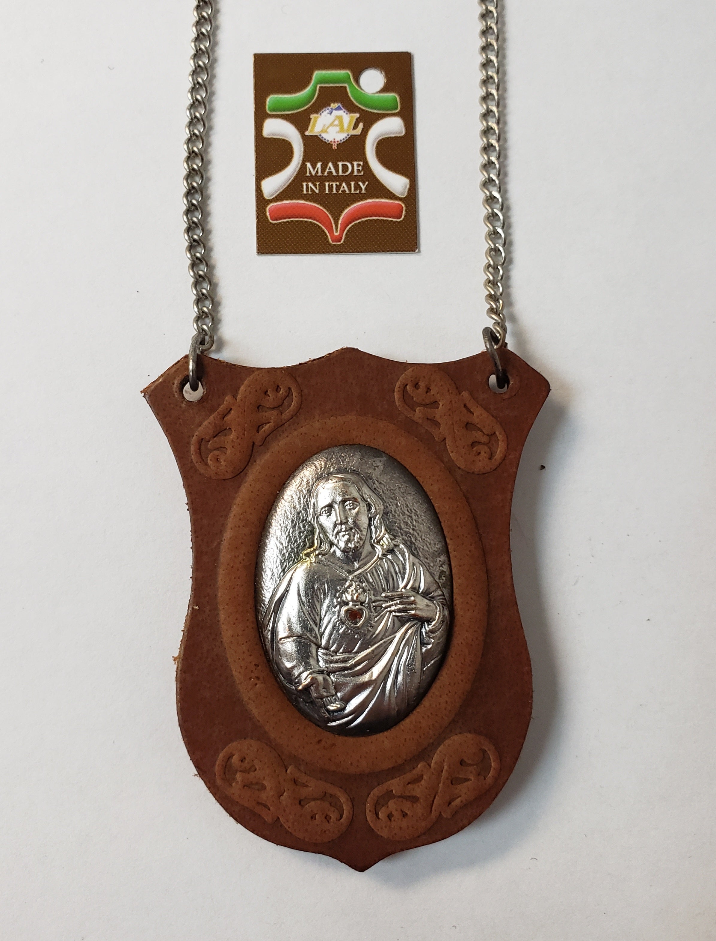 Collar Escapulario Cuero y Plata - Hecho en Italia