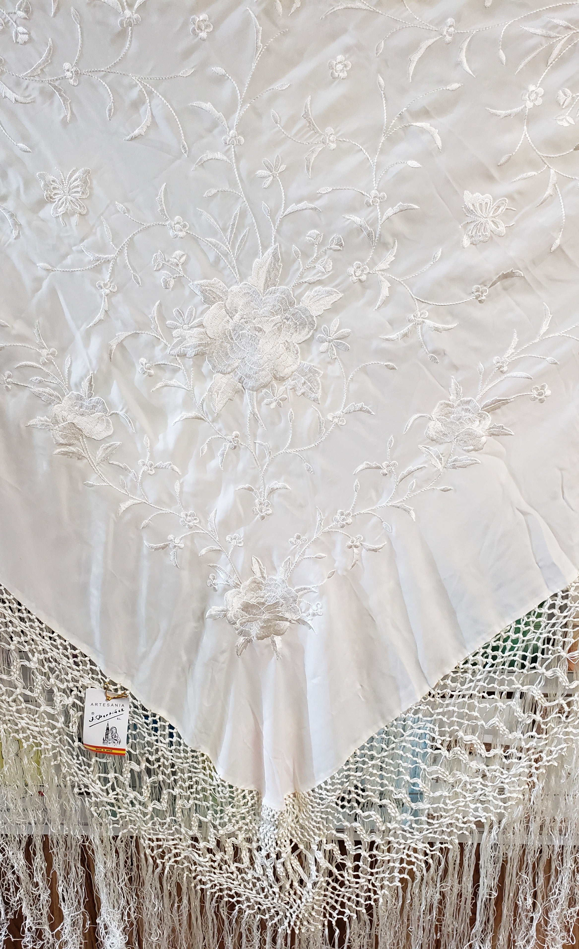 Estola chal española de seda color champán de Cantón, mantón de Manila