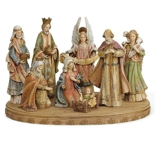 Juego de pesebre de 8 piezas de 12" con apariencia de madera y base de 17" de ancho