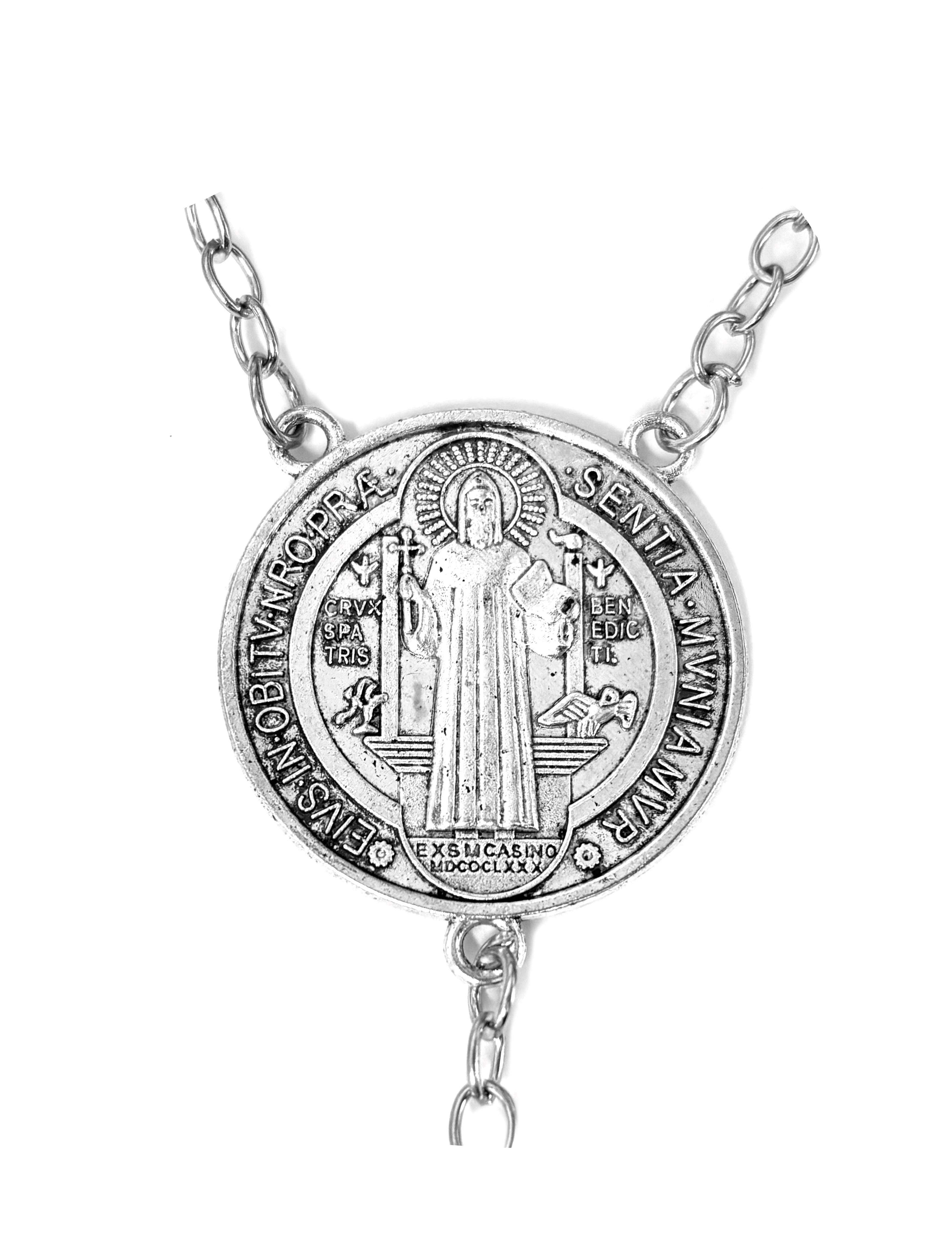 Rosario de pared de cuentas de cristal con crucifijo y medalla de San Benito