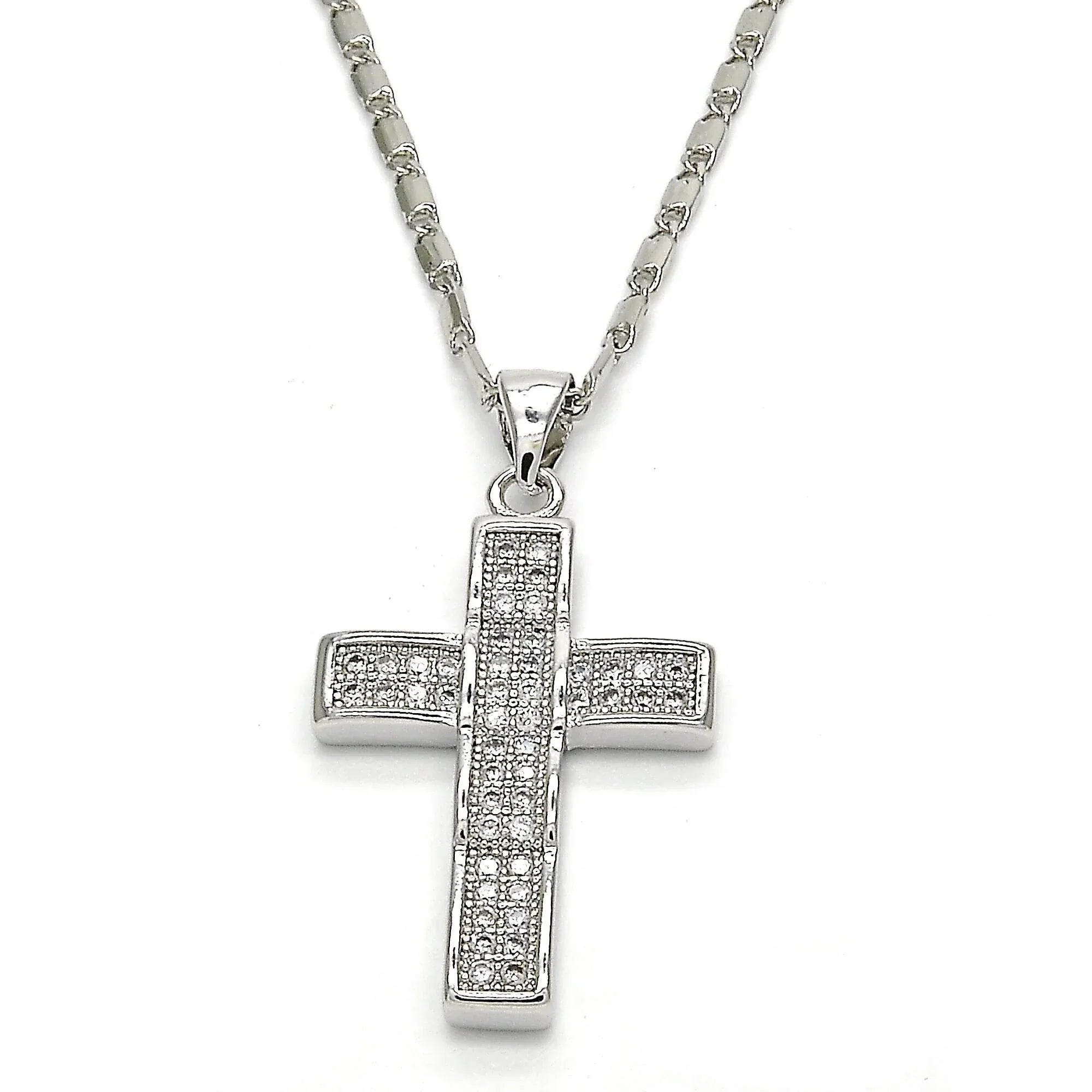 Cruz de rodio con cristales, cadena de 18”