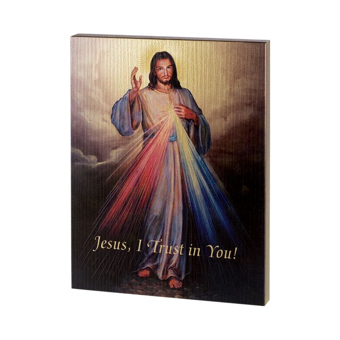 Placa de madera con relieve dorado de la Divina Misericordia de 7 1/2" x 10"