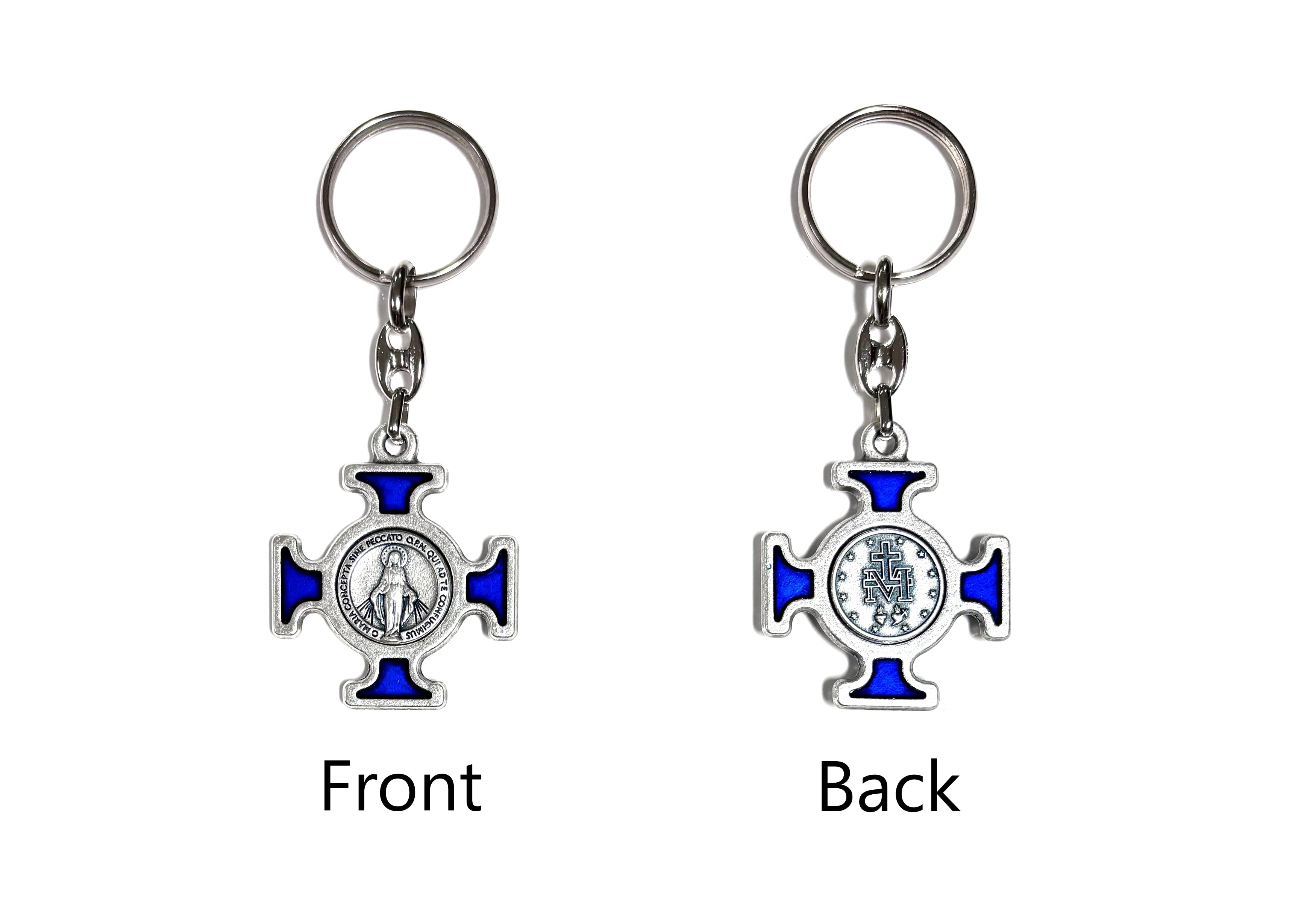 Llavero con cruz de esmalte azul de Nuestra Señora de las Gracias y Medalla Milagrosa