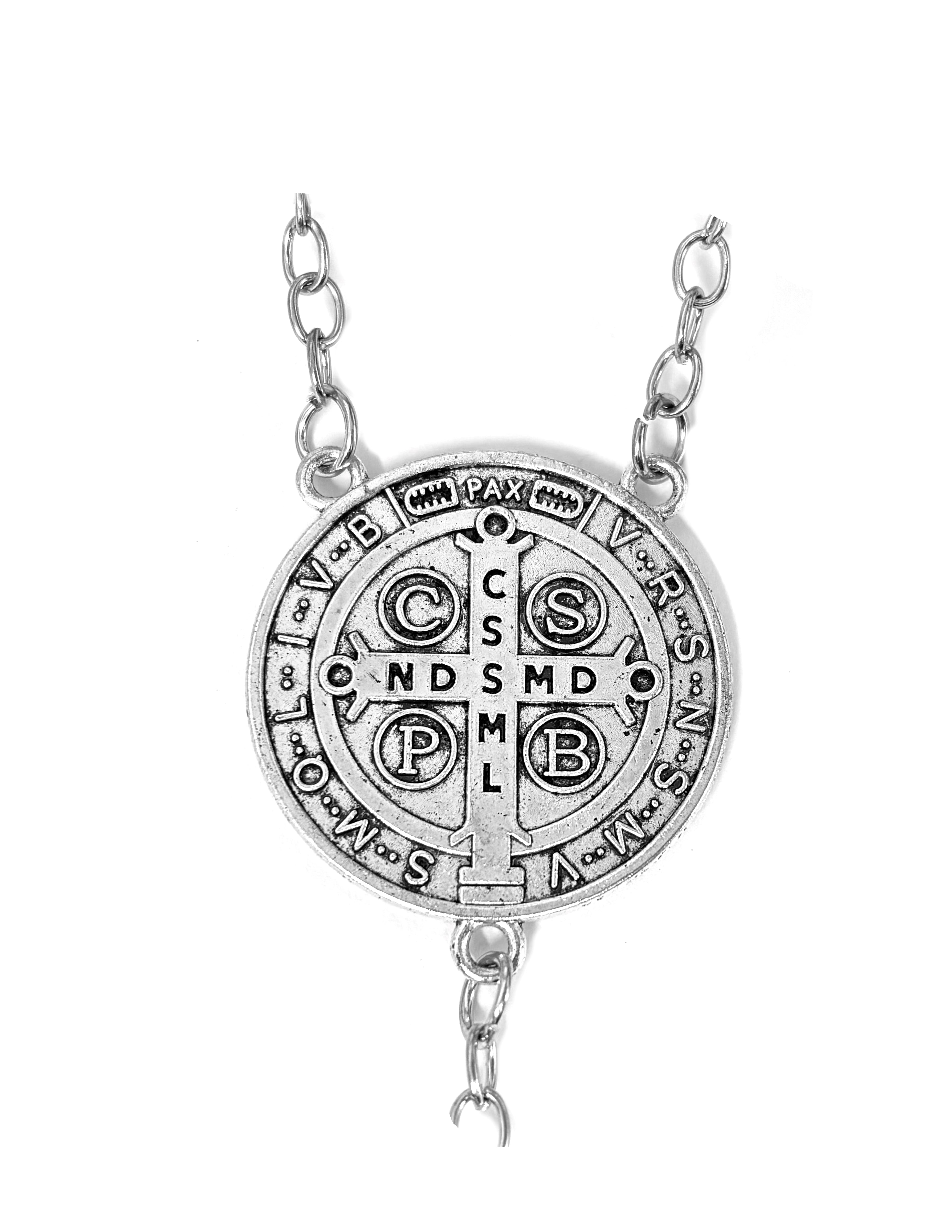 Rosario de pared de cuentas de cristal con crucifijo y medalla de San Benito