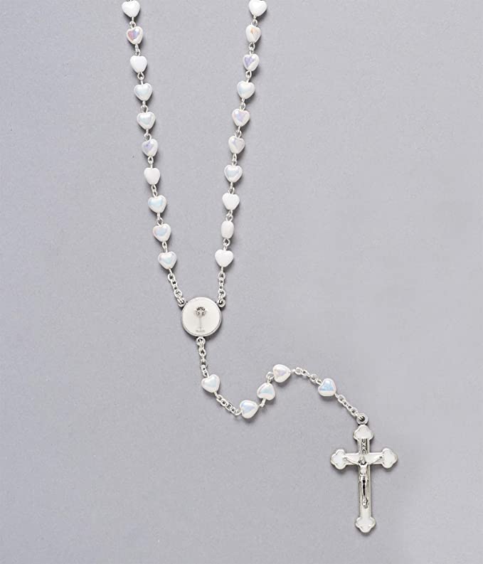 Roman - Communion Rosary with Heart Shaped Beads, First Communion Collection, 16" L, 6mm Beads, White and Silver, Made in Italy, Glass and Metal, Religious Gift