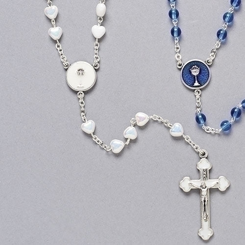 Rosario de comunión romano con cuentas en forma de corazón, colección de primera comunión, 16" de largo, cuentas de 6 mm, blanco y plateado, fabricado en Italia, vidrio y metal, regalo religioso