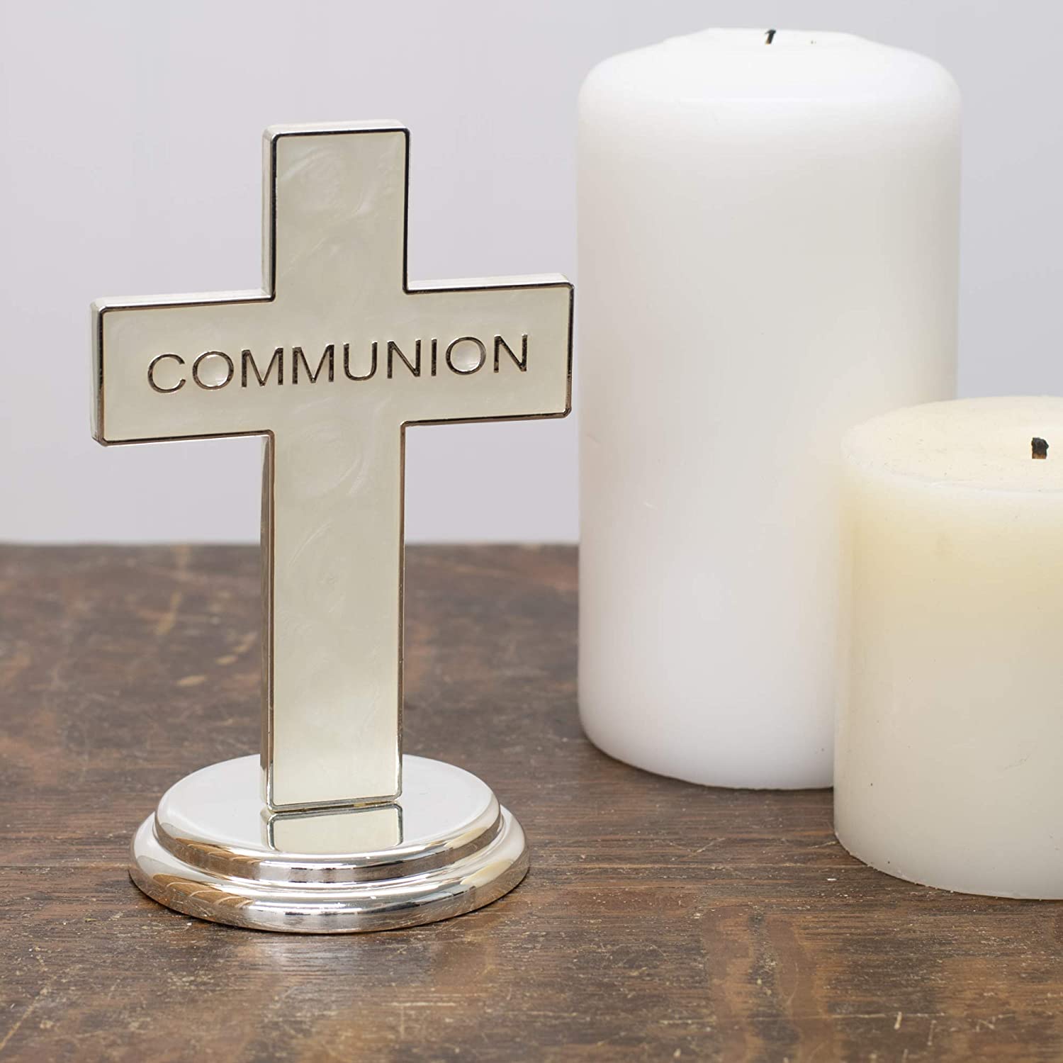 Cruz de comunión romana en tono plateado, 6 x 4, aleación de zinc, figura de mesa para primera comunión