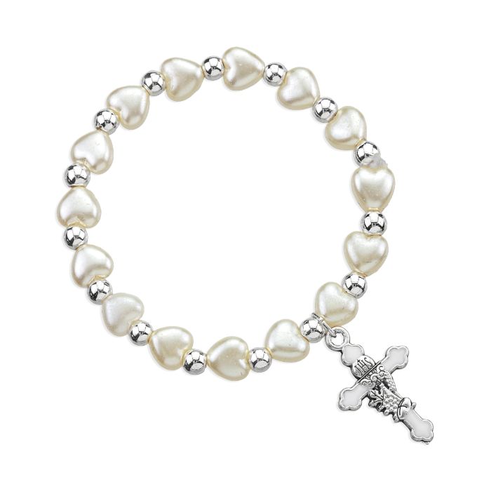 Pulsera elástica perlada blanca con pequeña cruz de comunión de resina epoxi blanca