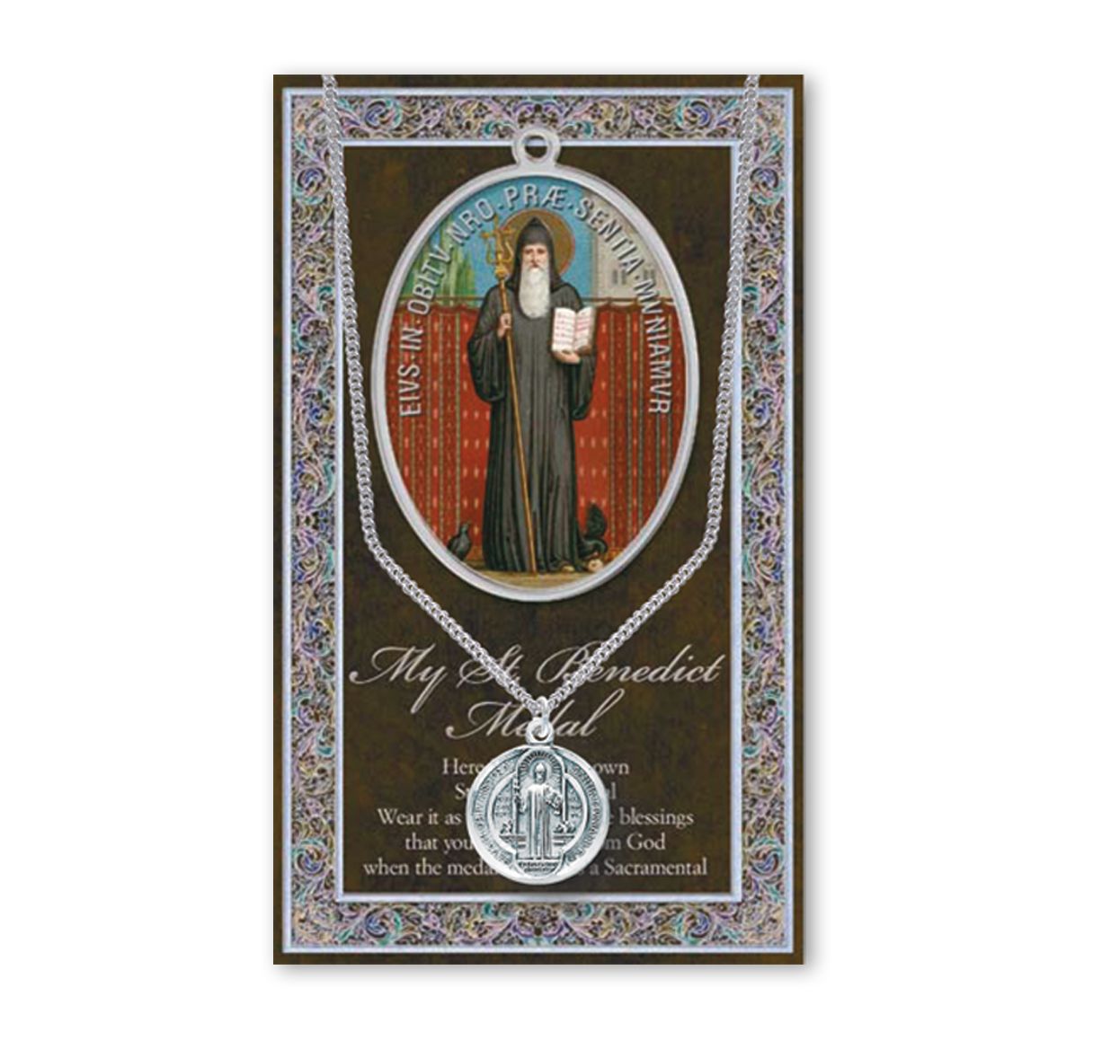 Carpeta con biografía e imágenes de San Benito con medalla y cadena