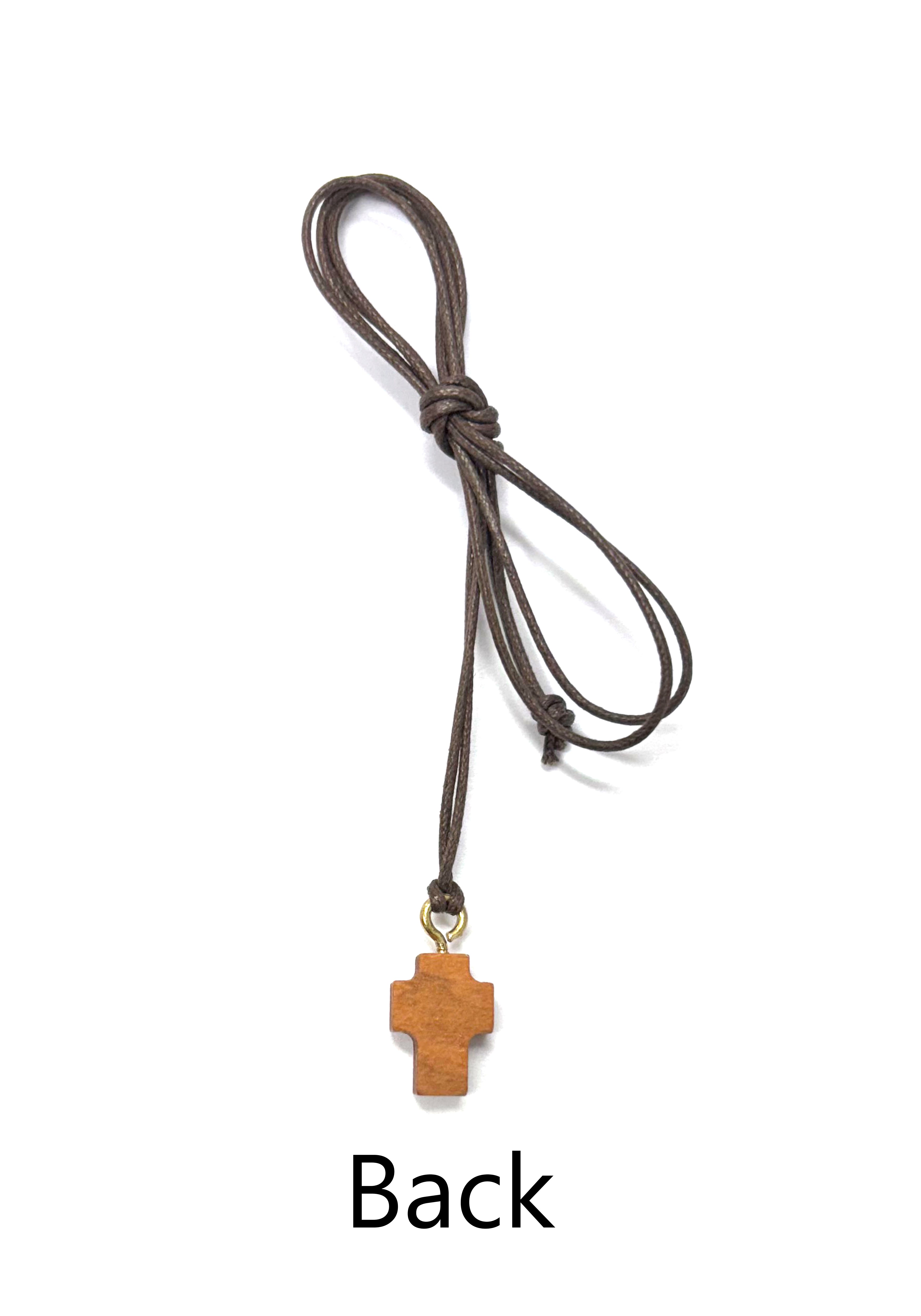 Pequeña cruz de madera de olivo con detalle dorado y cordón marrón