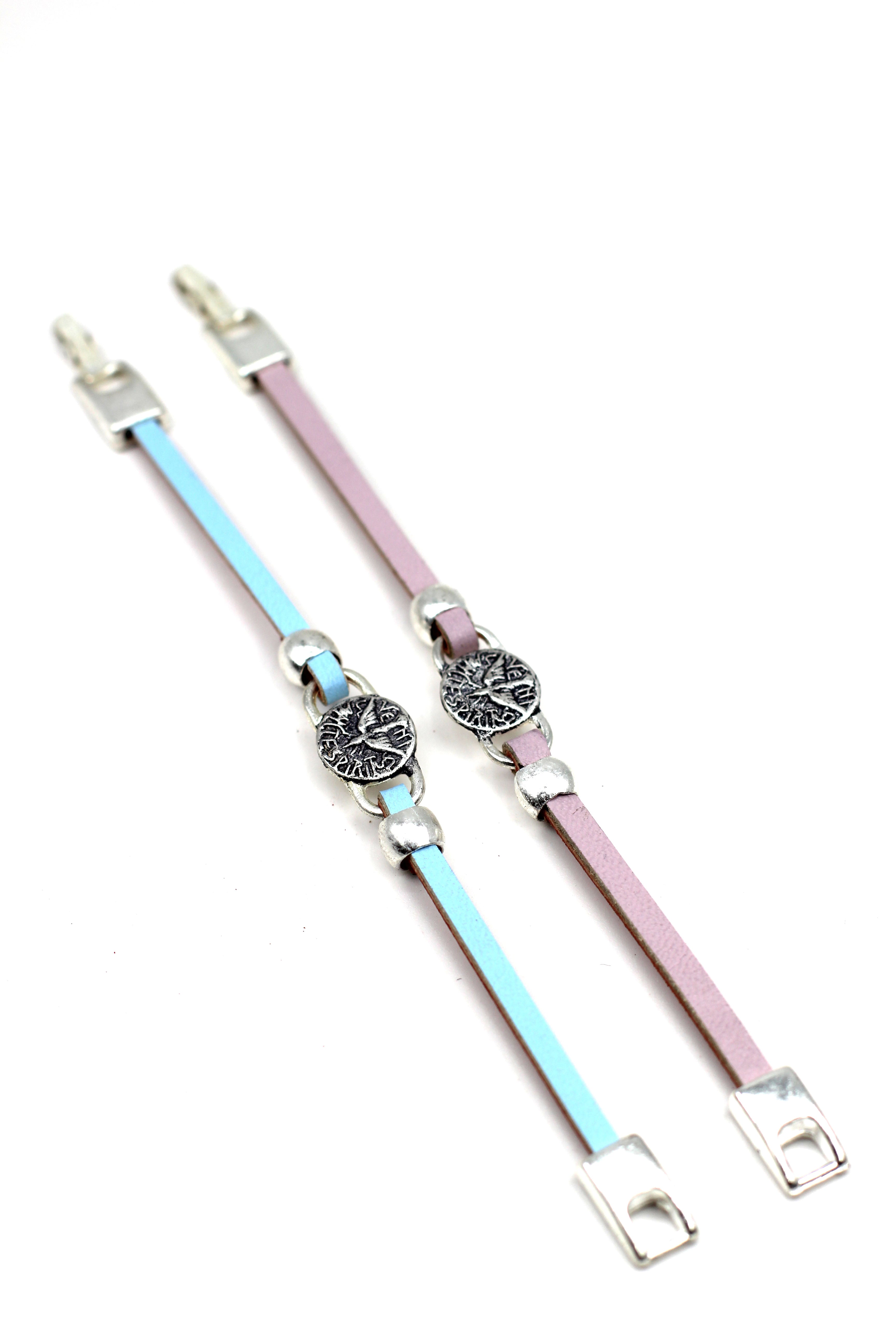 Girl Bracelet of The Holy Spirit Medal handmade jewelry with a Single Leather Strap by Graciela's Collection