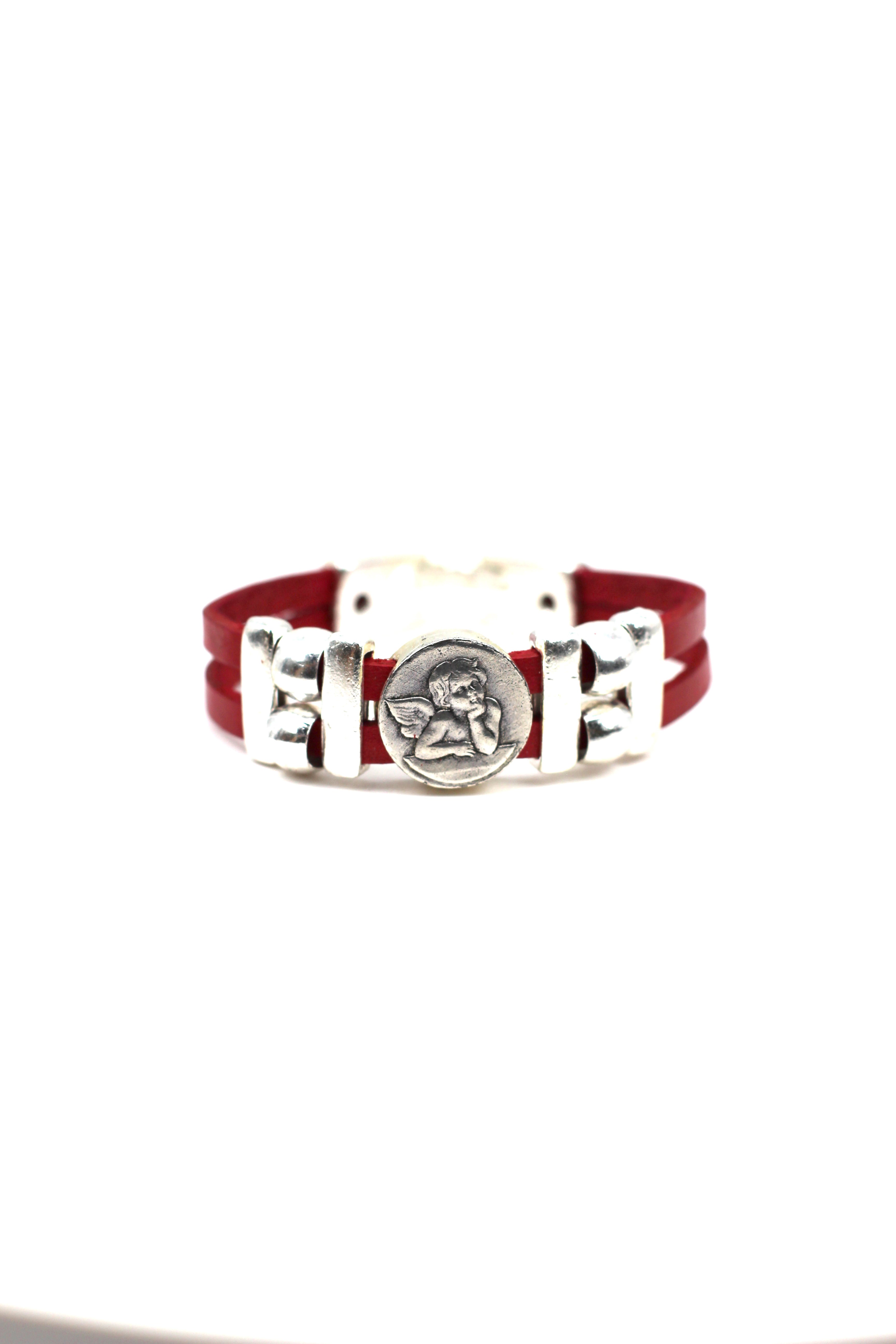 Pulsera de El Ángel de la Guarda joyería artesanal con Doble Tira de Cuero de Graciela's Collection