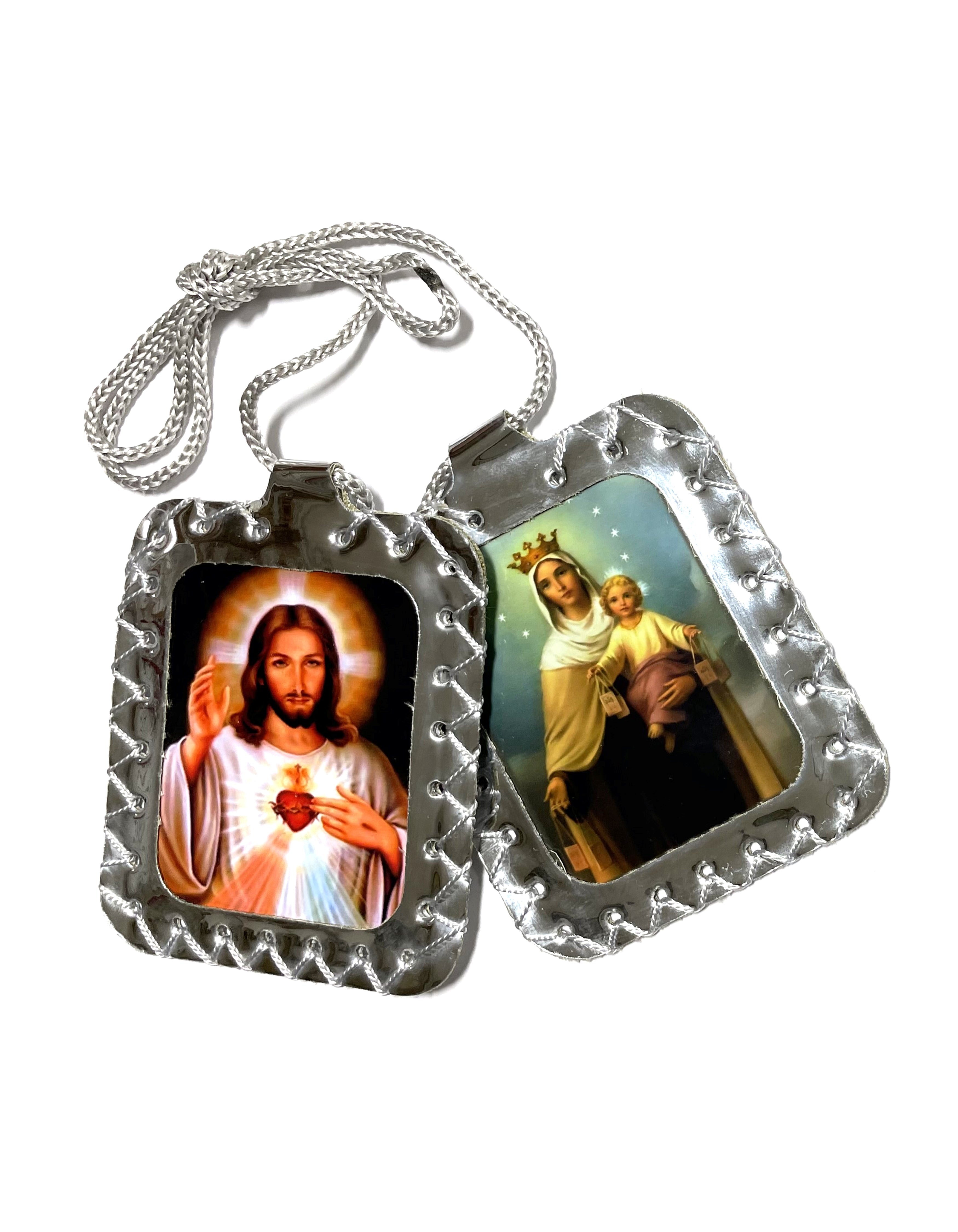 Extra large leather silvering scapular, Escapulario extra grande de cuero plateado