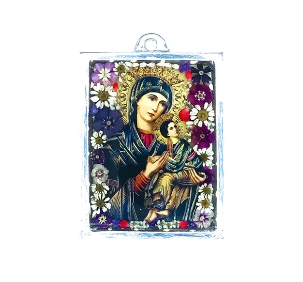 Marco de pared con flores prensadas de Nuestra Señora del Perpetuo Socorro