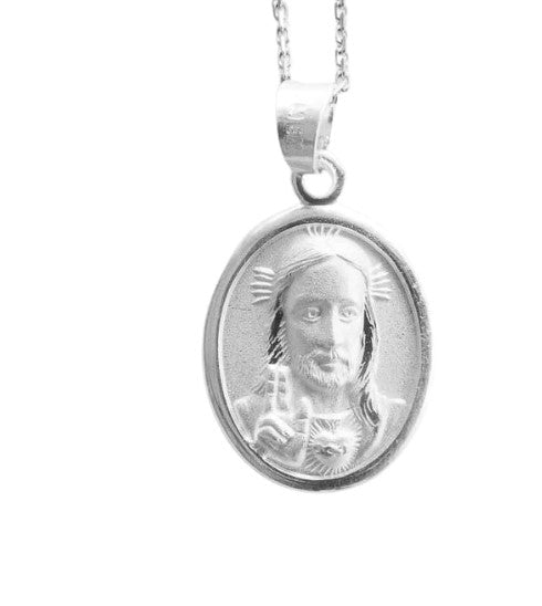 Silver Sacred Heart Oval Necklace