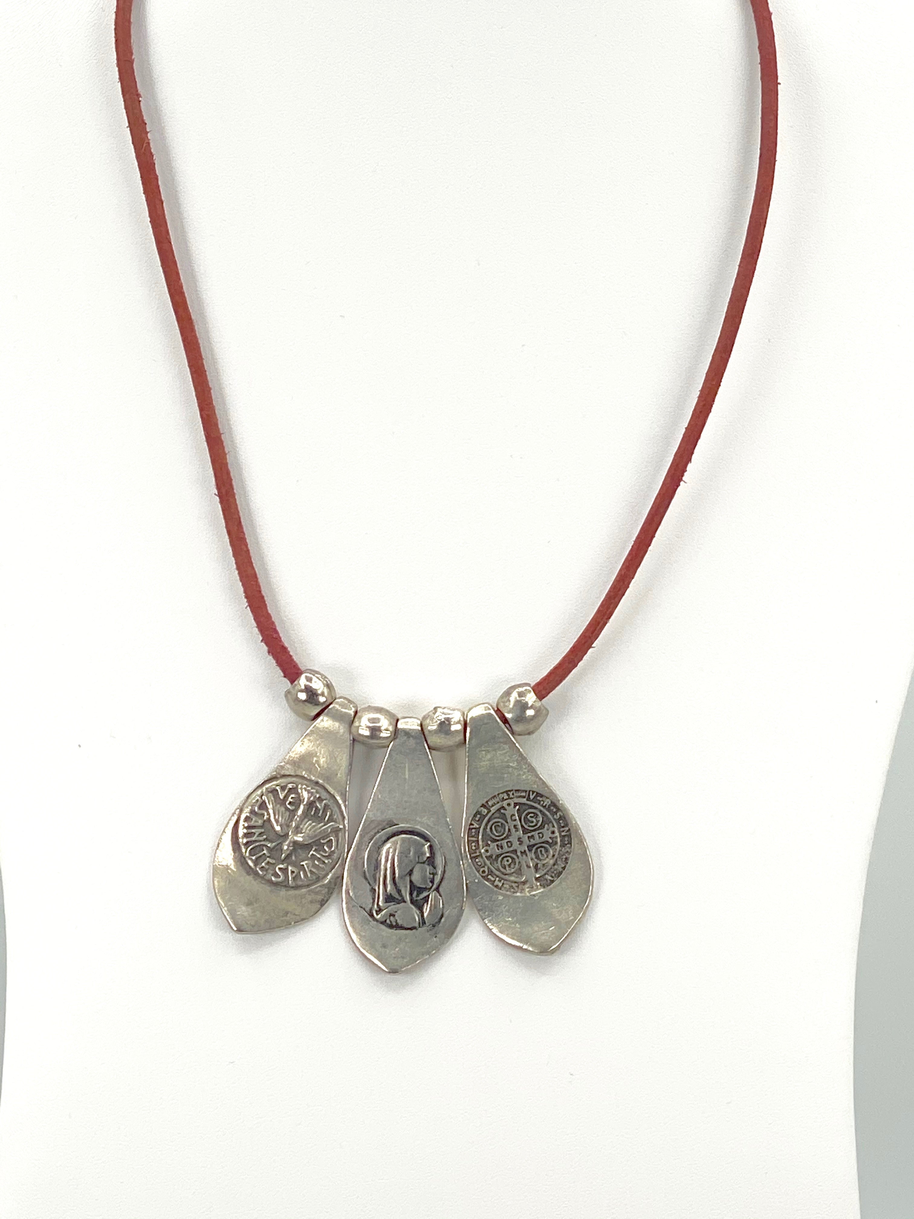 Vintage Necklace of The Virgin Mary, St Benedict, and the Holy Spirit. Handmade Jewelry by Graciela's Collection