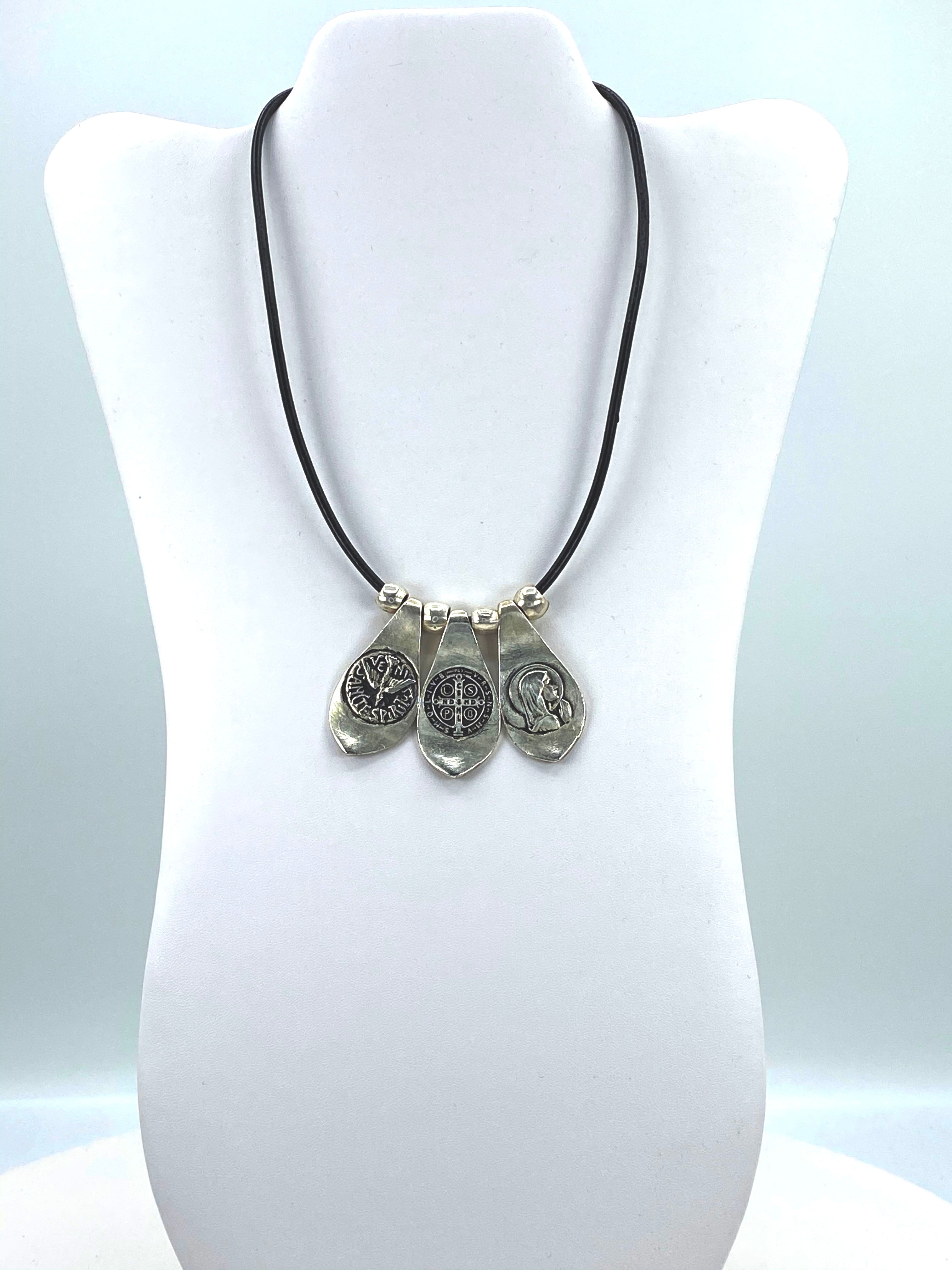 Vintage Necklace of The Virgin Mary, St Benedict, and the Holy Spirit. Handmade Jewelry by Graciela's Collection