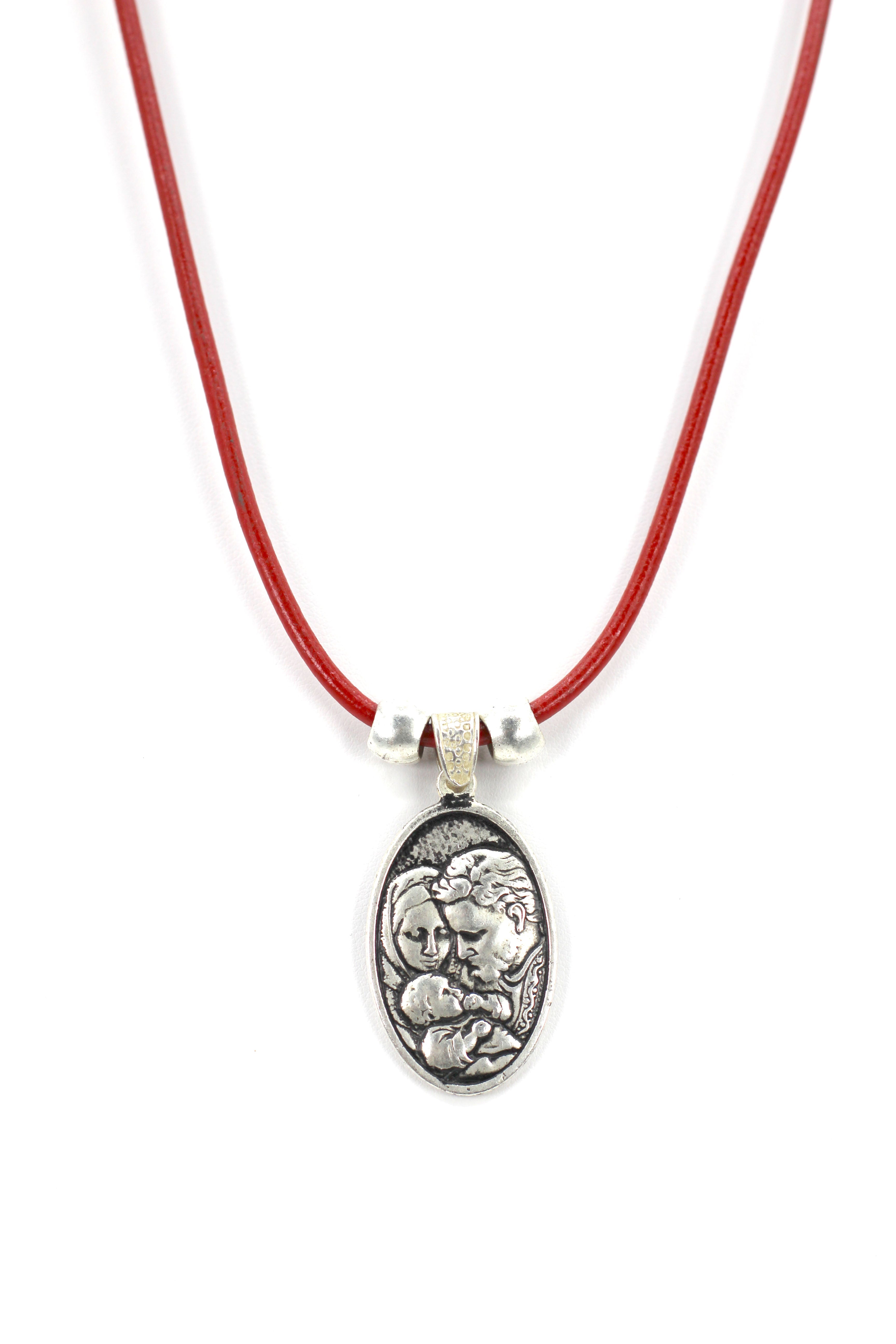 Vintage Necklace of The Sacred Family and The Holy Spirit Handmade Jewelry with Genuine Leather strap by Graciela's Collection