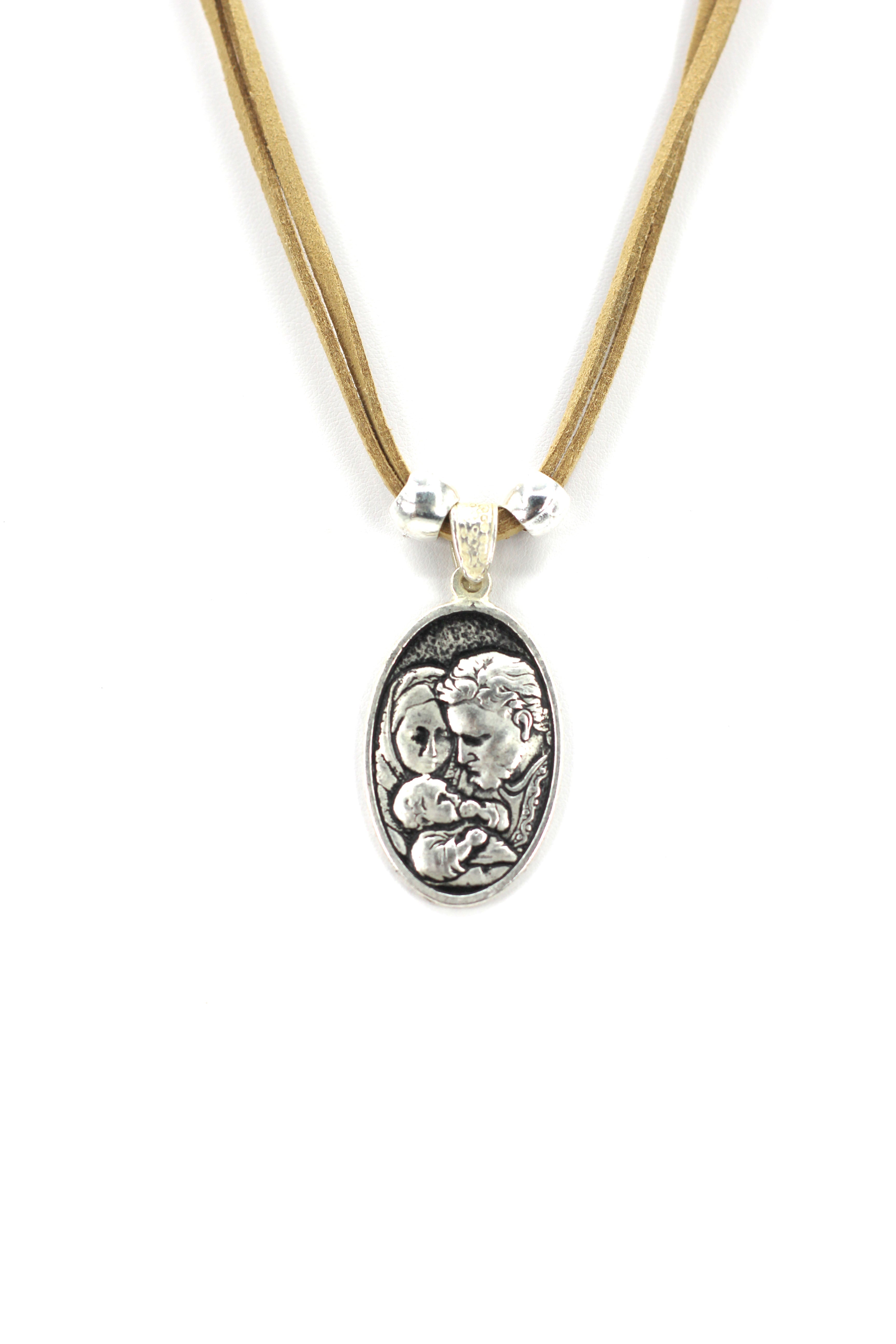 Vintage Necklace of The Sacred Family and The Holy Spirit Handmade Jewelry with Genuine Leather strap by Graciela's Collection