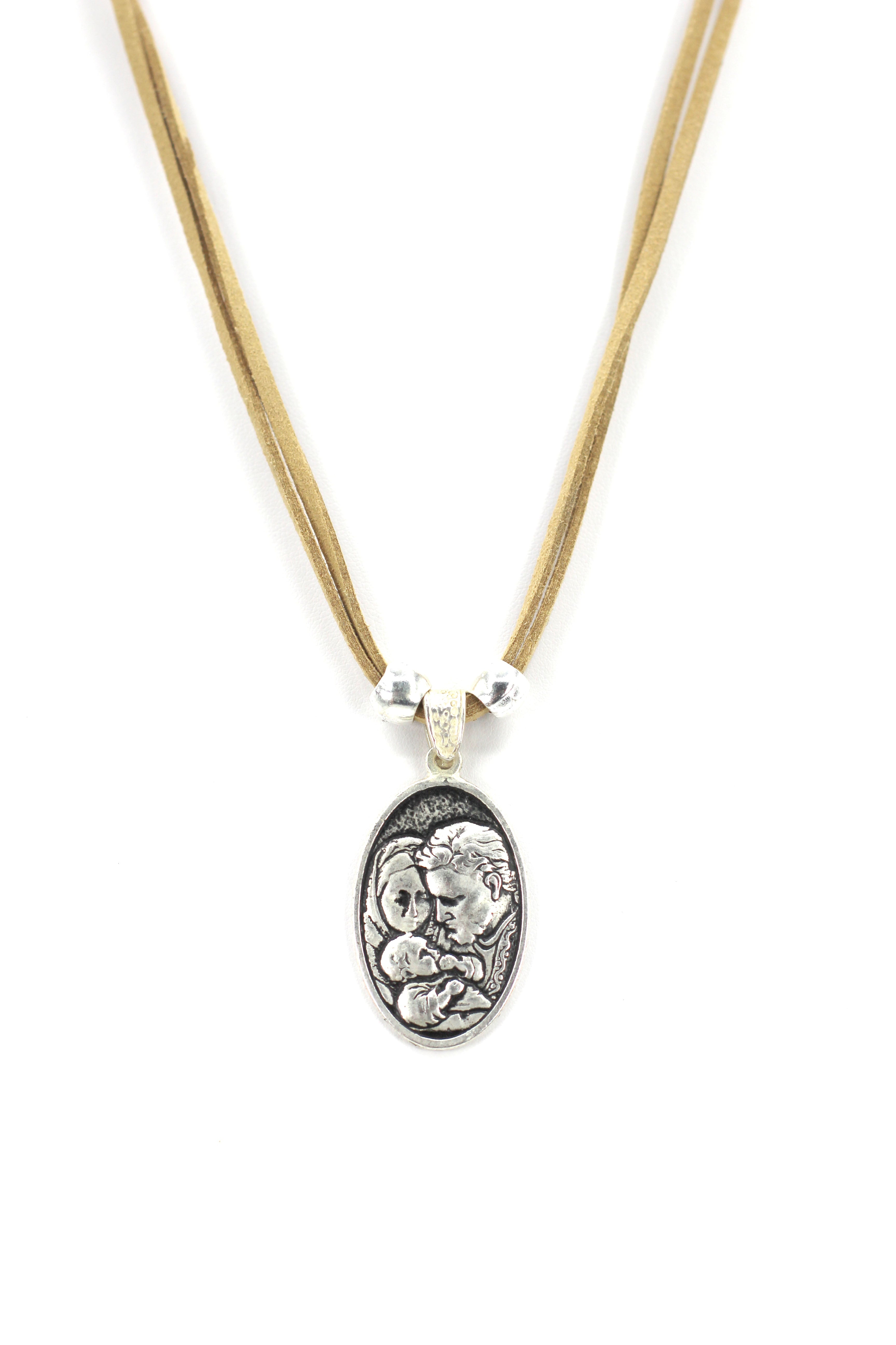 Vintage Necklace of The Sacred Family and The Holy Spirit Handmade Jewelry with Genuine Leather strap by Graciela's Collection