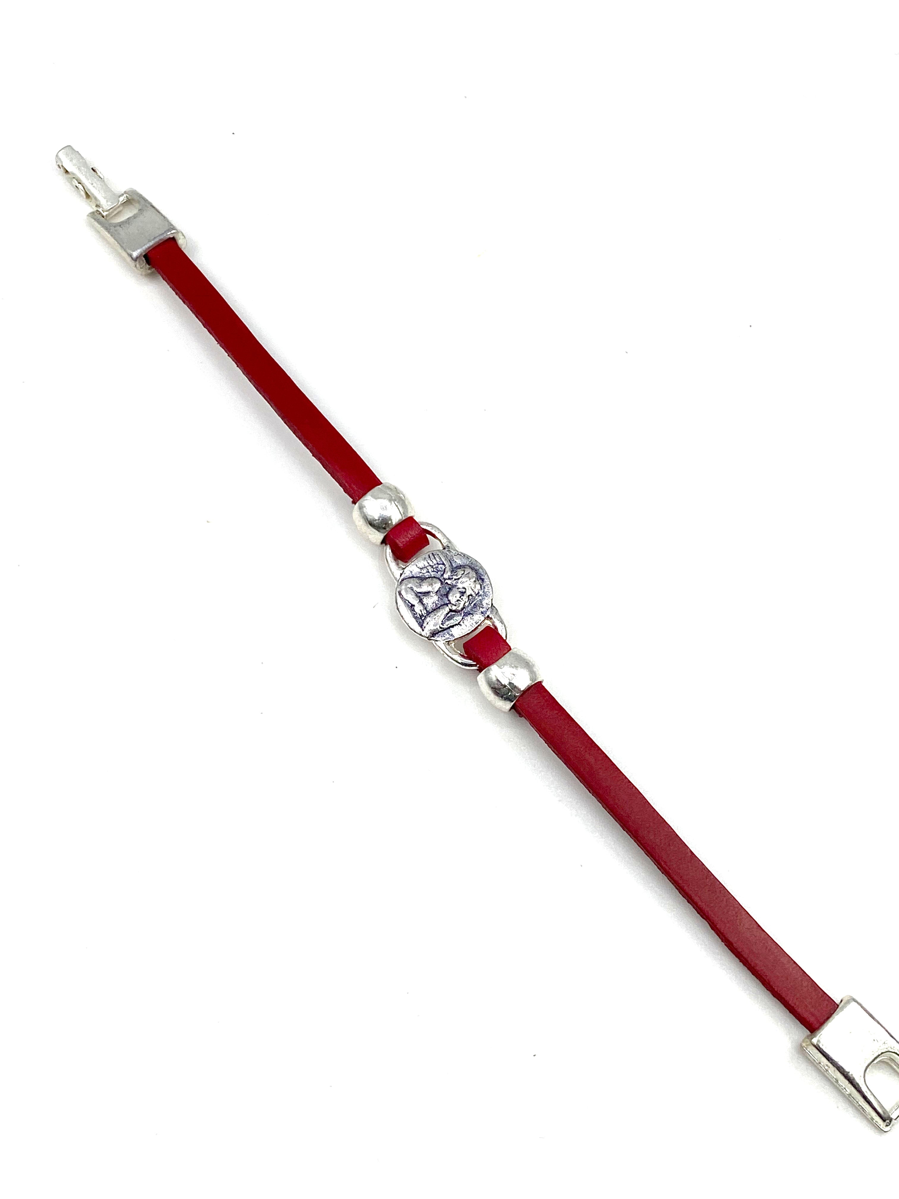 Pulsera de El Ángel de la Guarda joyería artesanal con tiras de cuero de Graciela's Collection