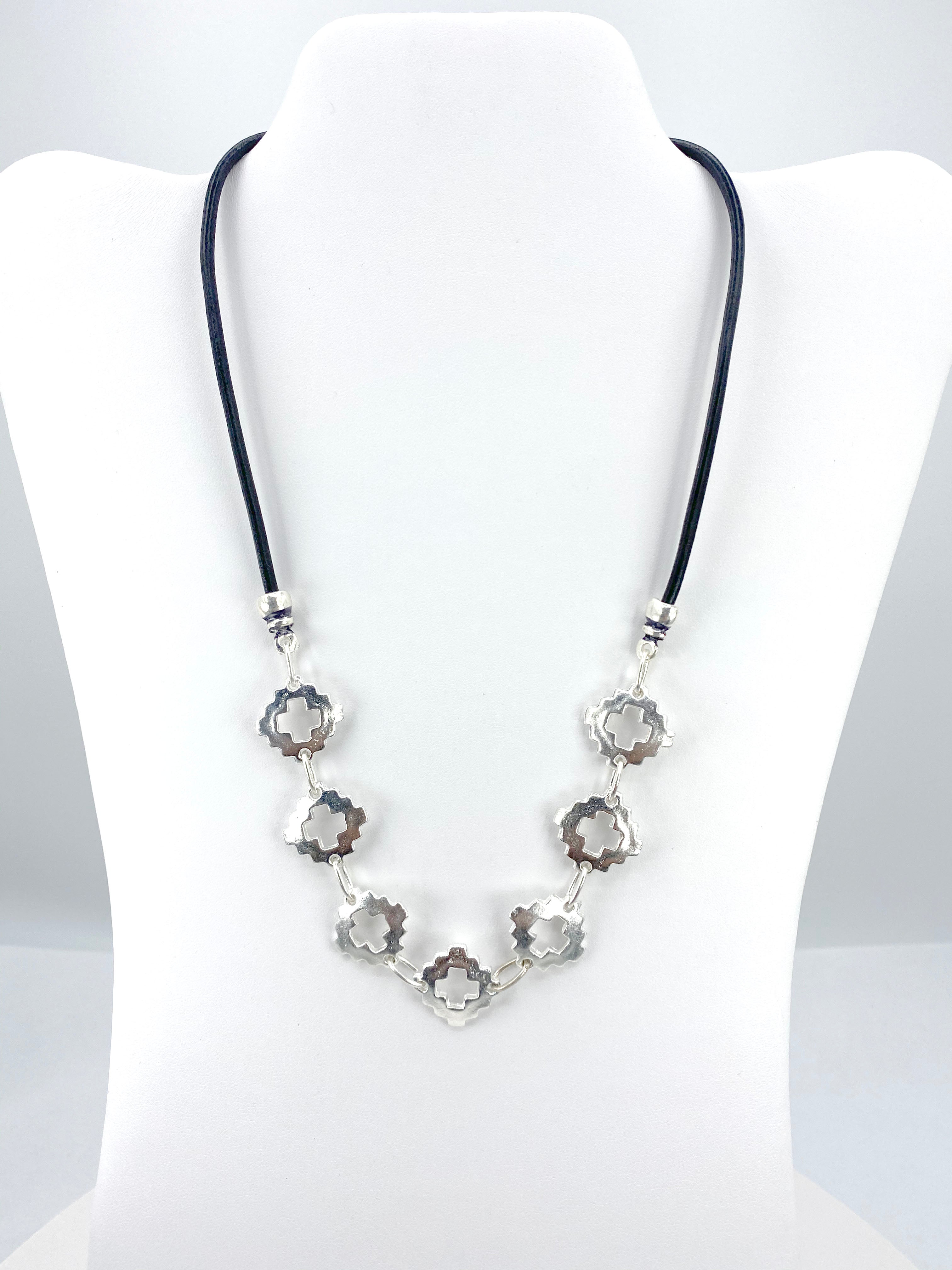 Vintage Cross Necklace and Bracelet Set Handmade Jewelry in Argentina with Genuine Leather Strap by Graciela's Collection