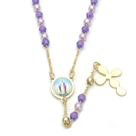Collar rosario cuentas moradas y medalla milagrosa En color 18”