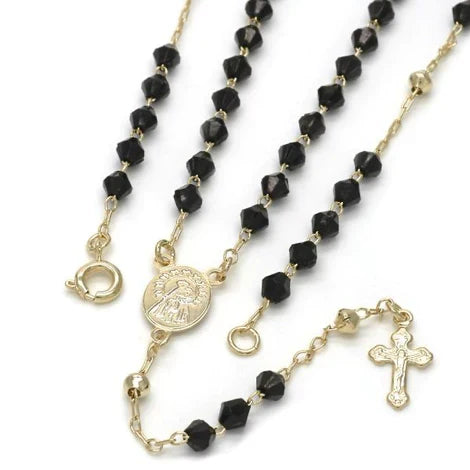 Collar rosario de cuentas negras con medalla de la caridad del cobre