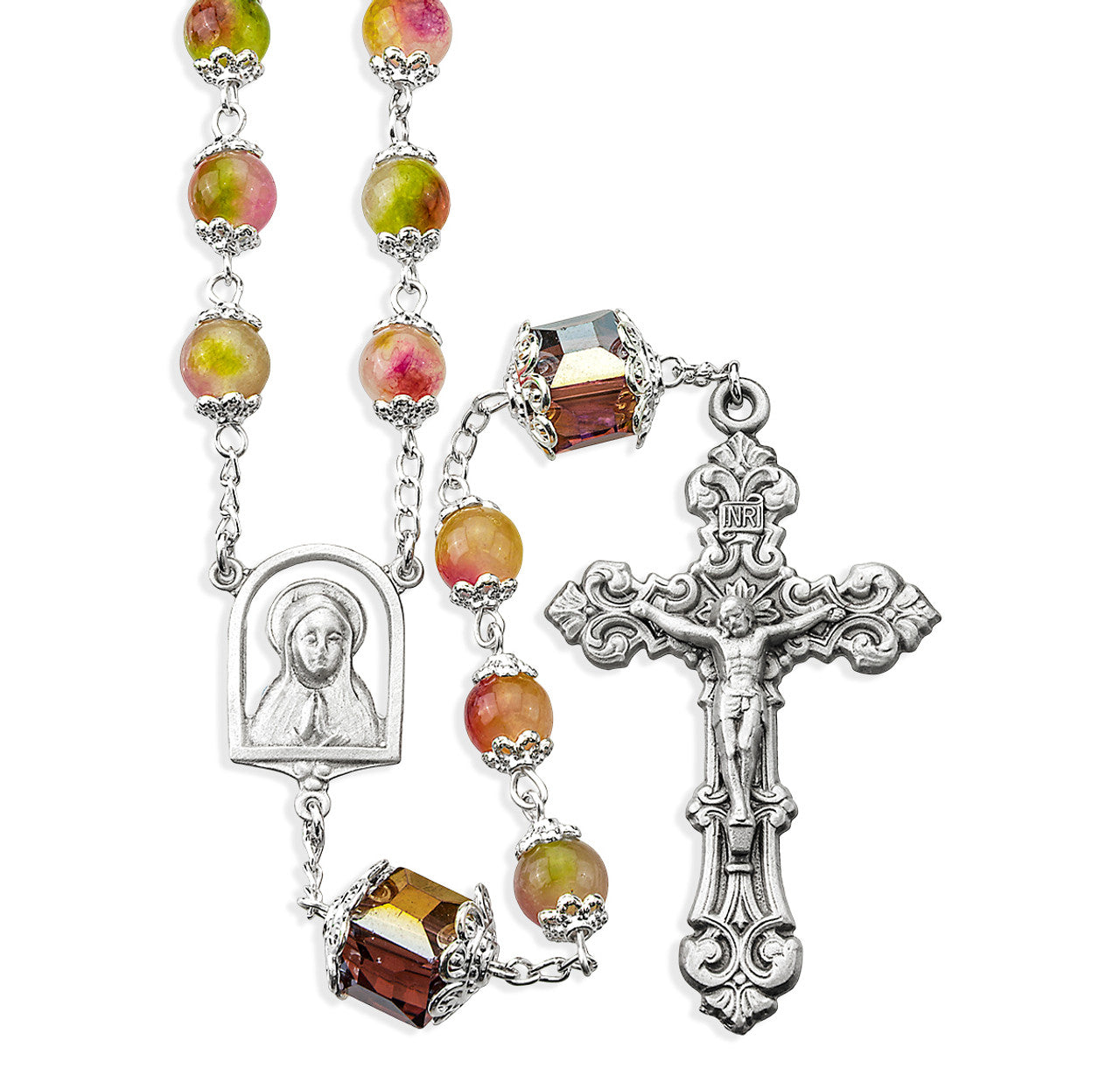 Rosario de cuentas de vidrio con doble tapa en forma de rosa multicolor/peltre