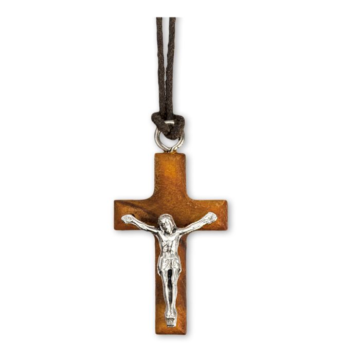 Crucifijo de madera de olivo de 1 1/4" sobre cordón marrón de 28"