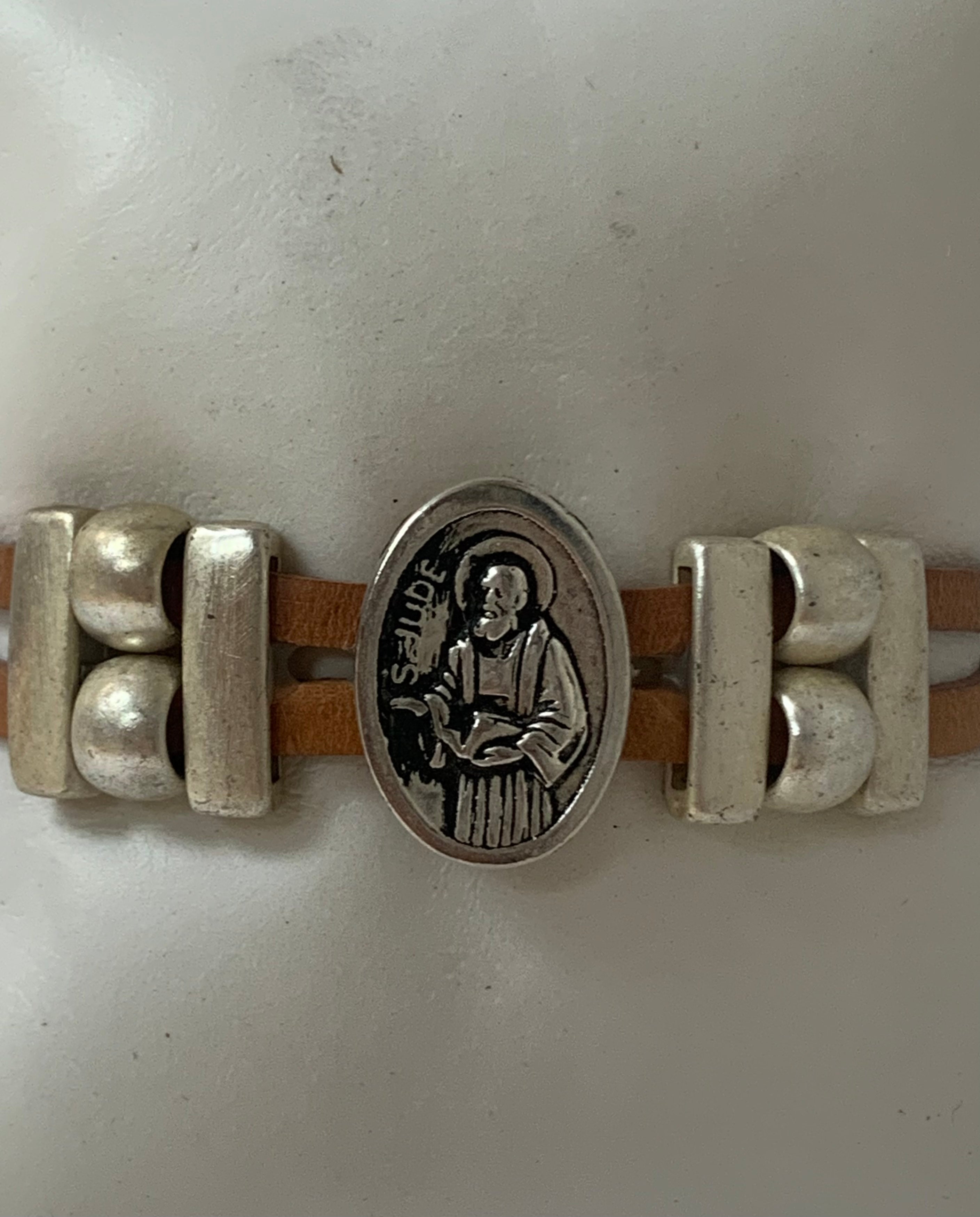Bracelet of Saint Jude Medal handmade jewelry with Double Leather Straps by Graciela's Collection