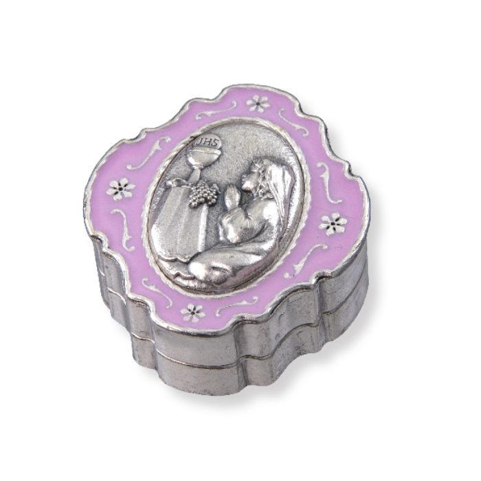 Caja de rosario de metal epoxi con cáliz de comunión de 2" 