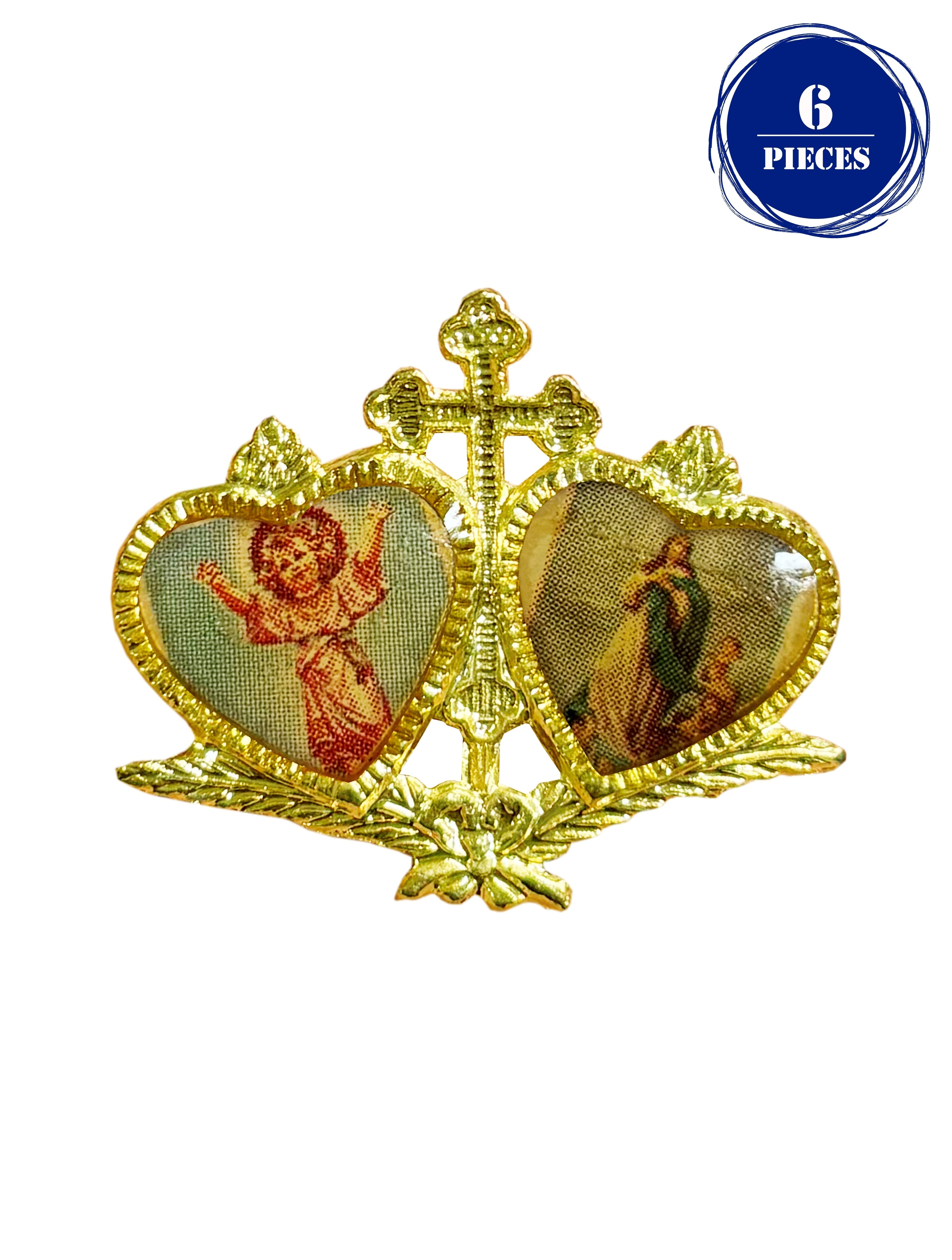 Pin de solapa católico dorado con dos corazones
