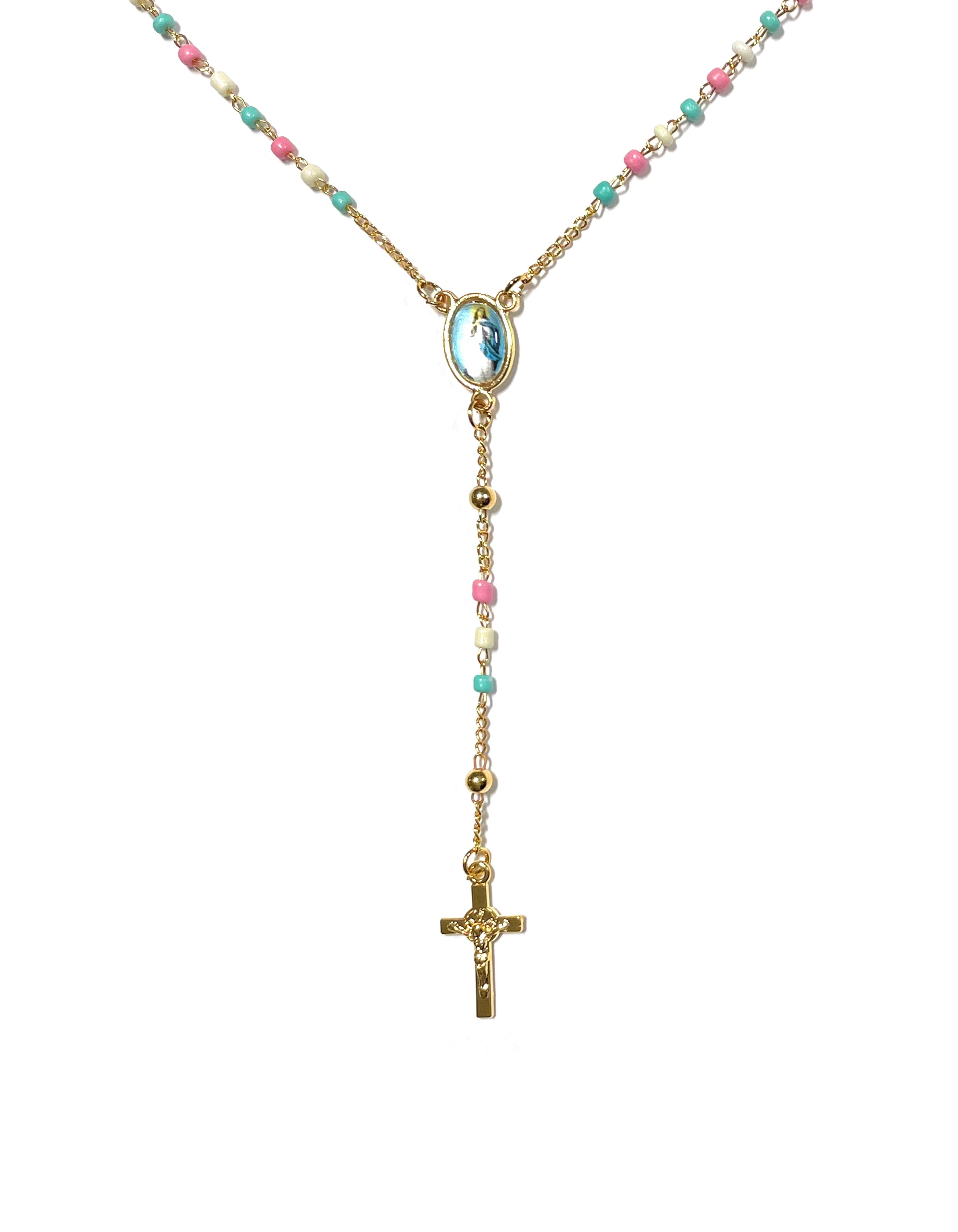 Golden rosary with chain-style colored beads