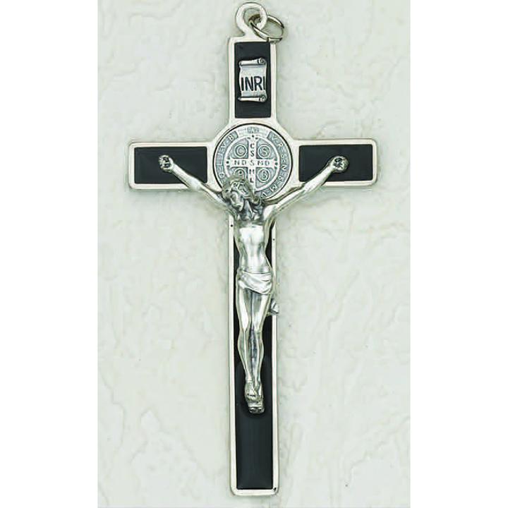 Cruz de pared de San Benito esmaltada en negro - Medalla en tono plateado