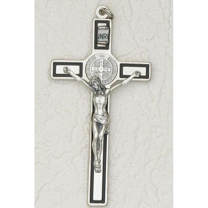 Cruz de pared de lujo de San Benito con esmalte negro - Medalla en tono plateado