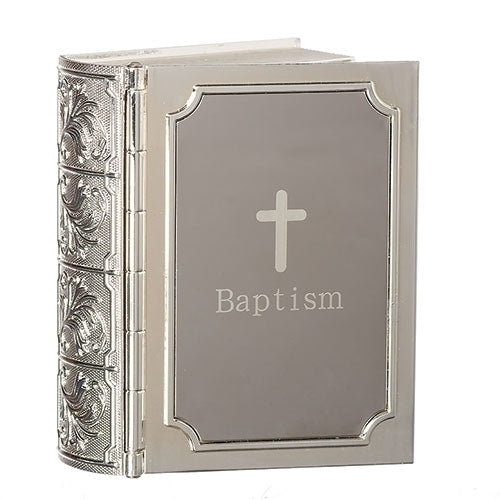 Caja de recuerdo de aleación de zinc de 3 x 3,5 pulgadas con diseño de Biblia de bautismo y cruz en tono plateado