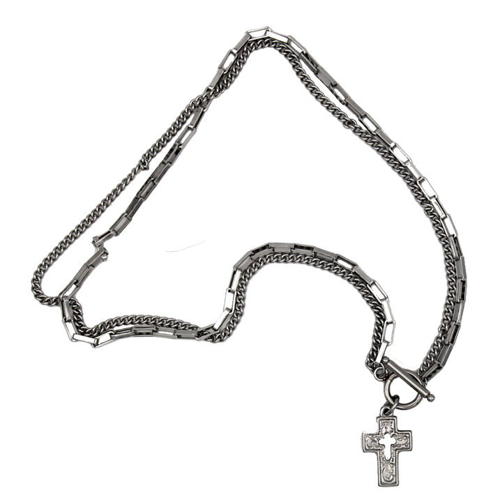 Collar de cadena y eslabones de dos hilos en tono plateado con cruz