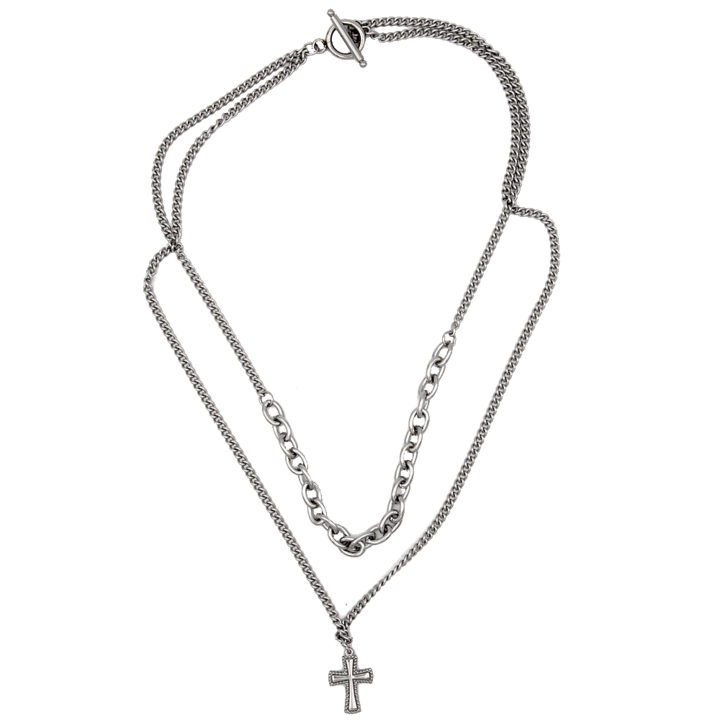 Collar de cadena de 2 hilos en tono plateado con cruz