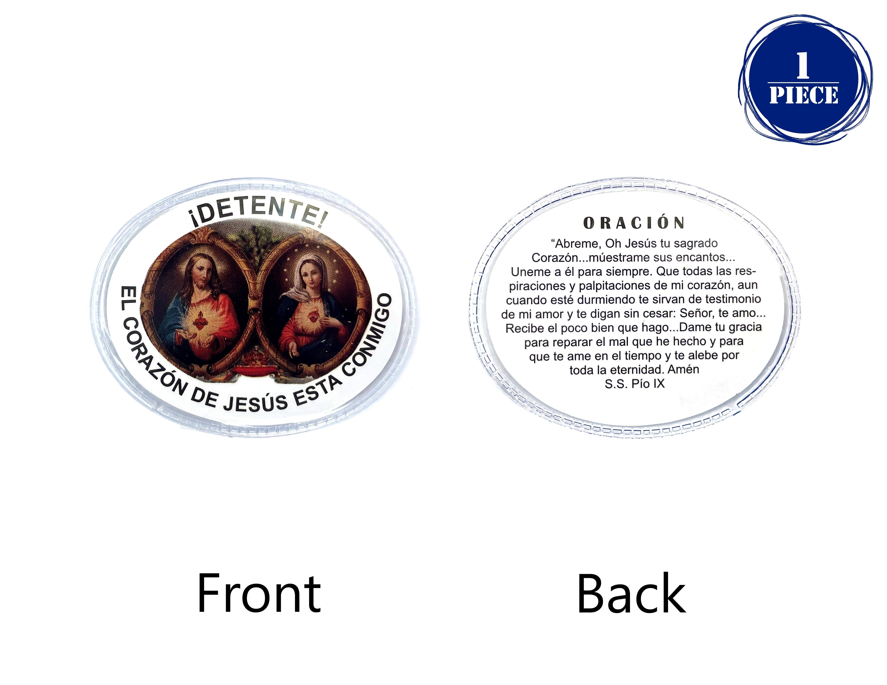 Detente laminado del Sagrado Corazón de Jesús y María con oración incluida
