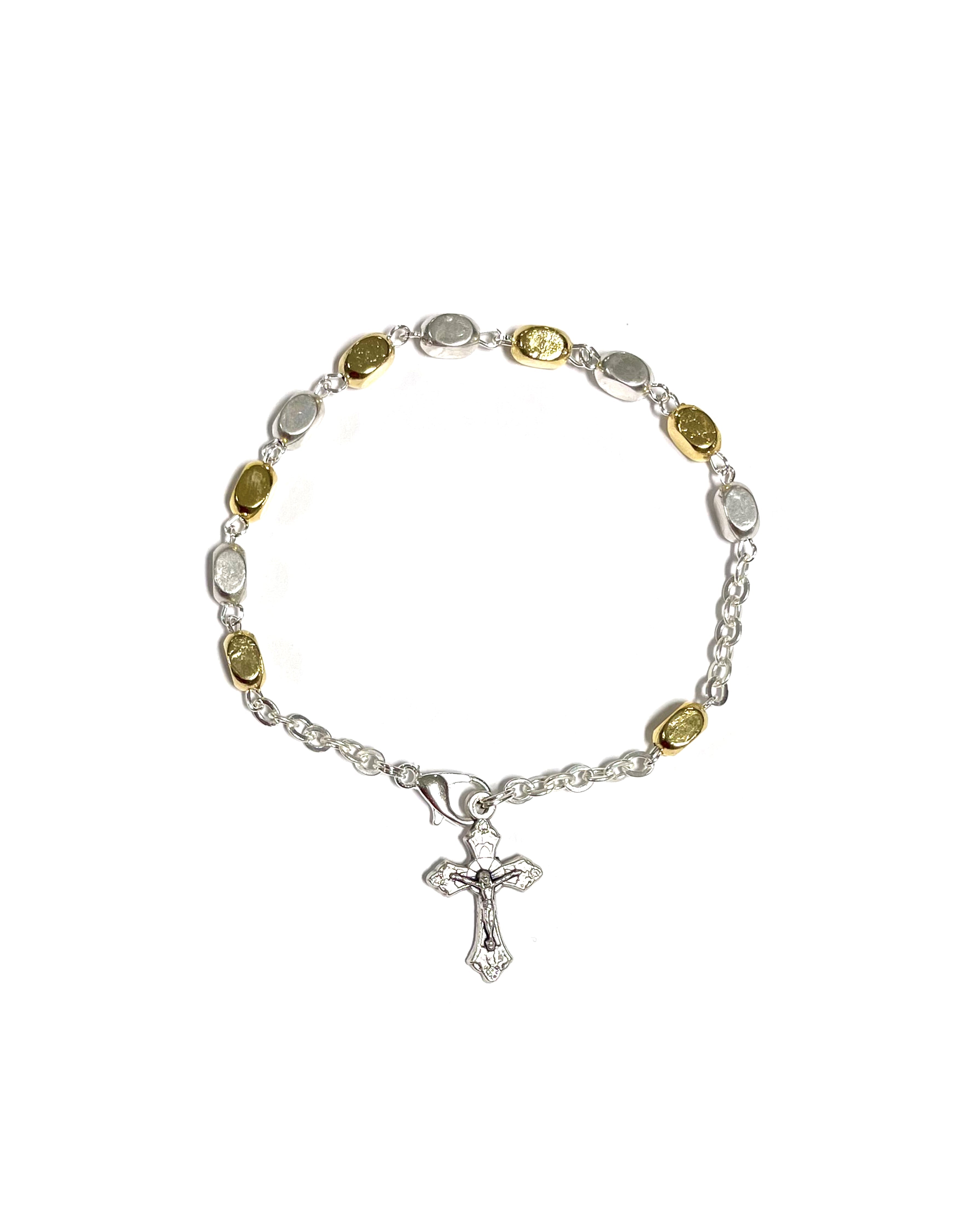 Pulsera de plata oxidada y detalles dorados con pequeña cruz