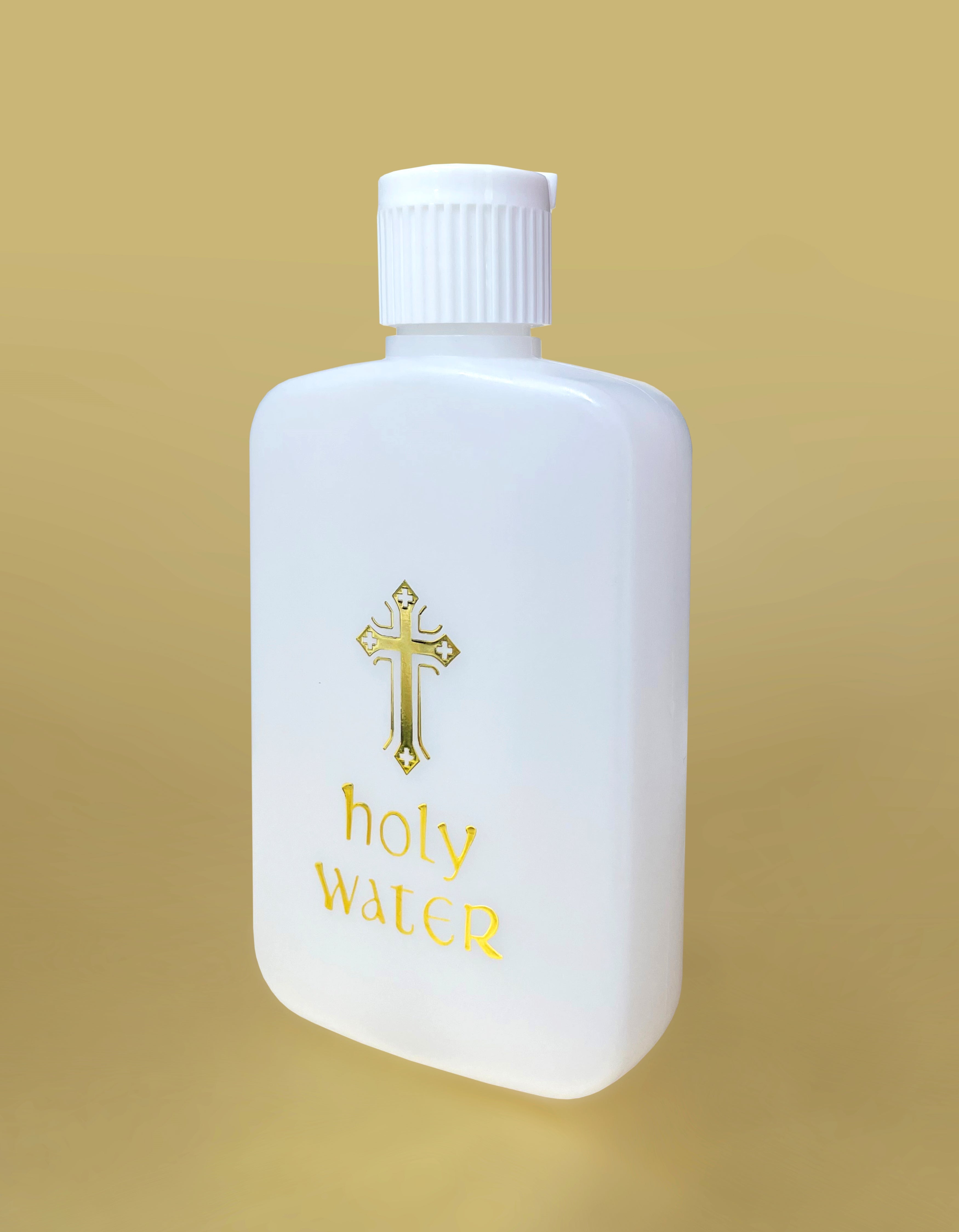 Holy water plastic bottle with golden details and safety cap design