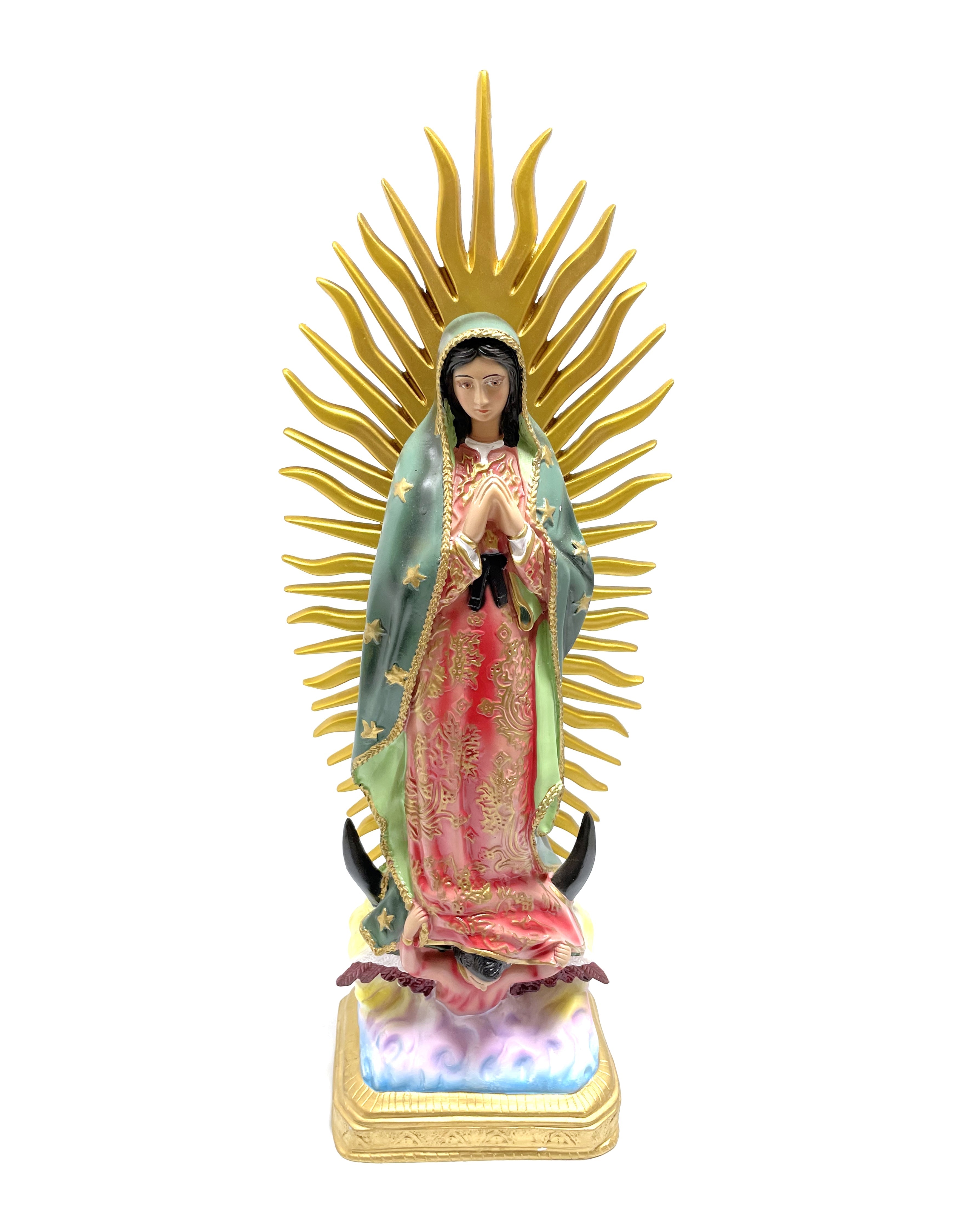 Estatua religiosa de Nuestra Señora de Guadalupe de 23" de altura con rayos dorados
