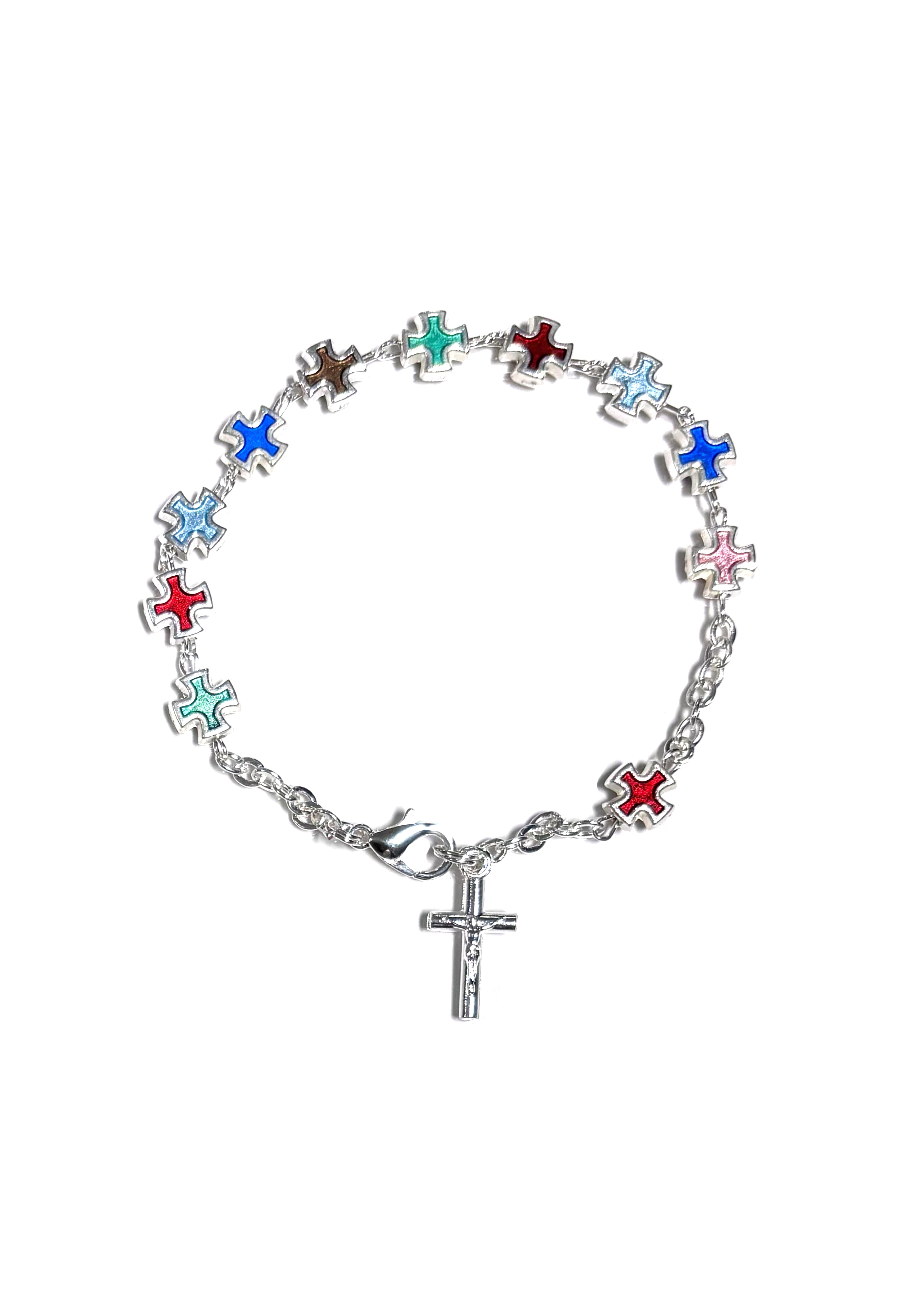 Pulsera de cruz de esmalte multicolor bañada en plata