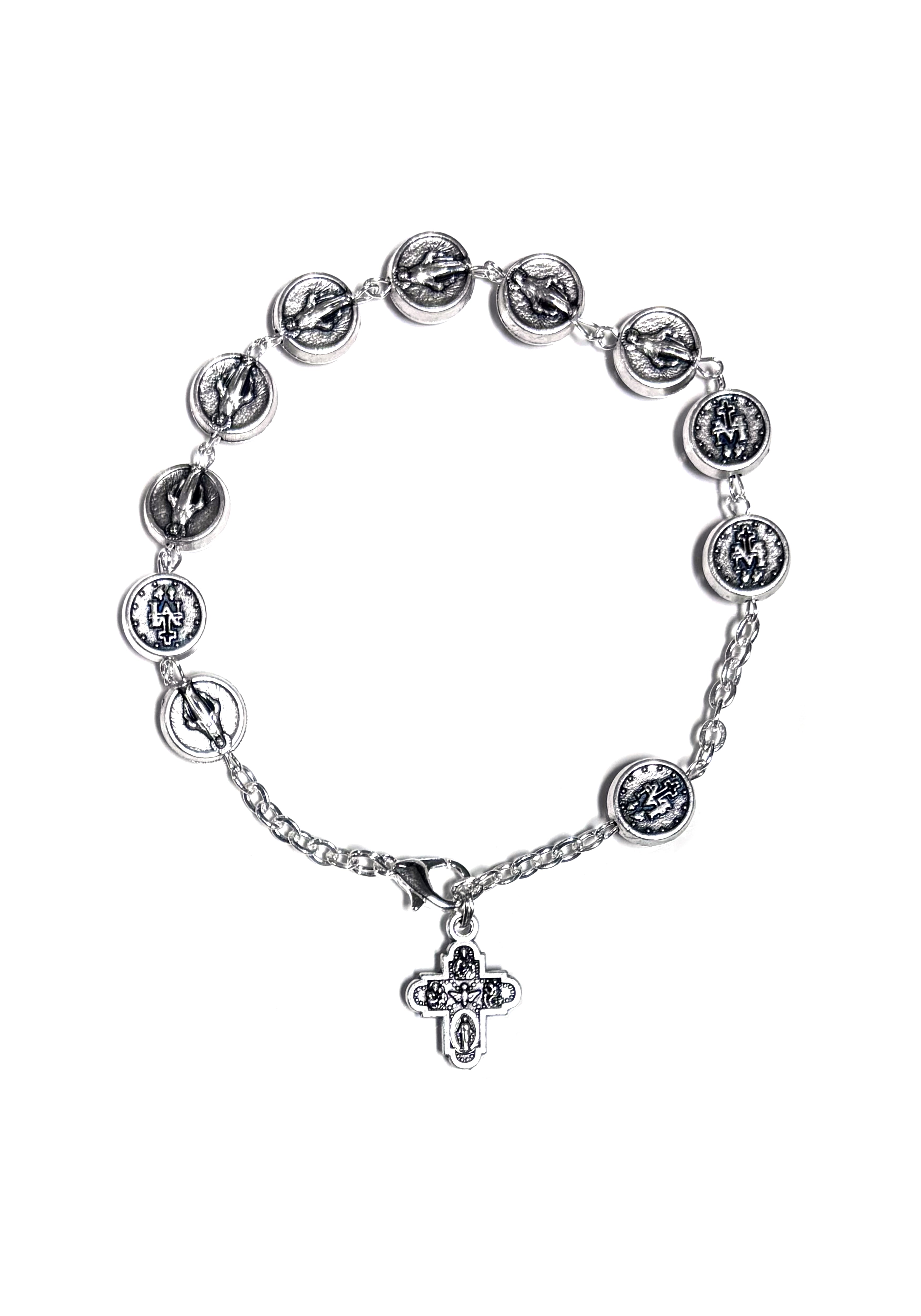 Pulsera de plata oxidada con pequeñas medallas redondas de Nuestra Señora de Gracia y Medalla Milagrosa