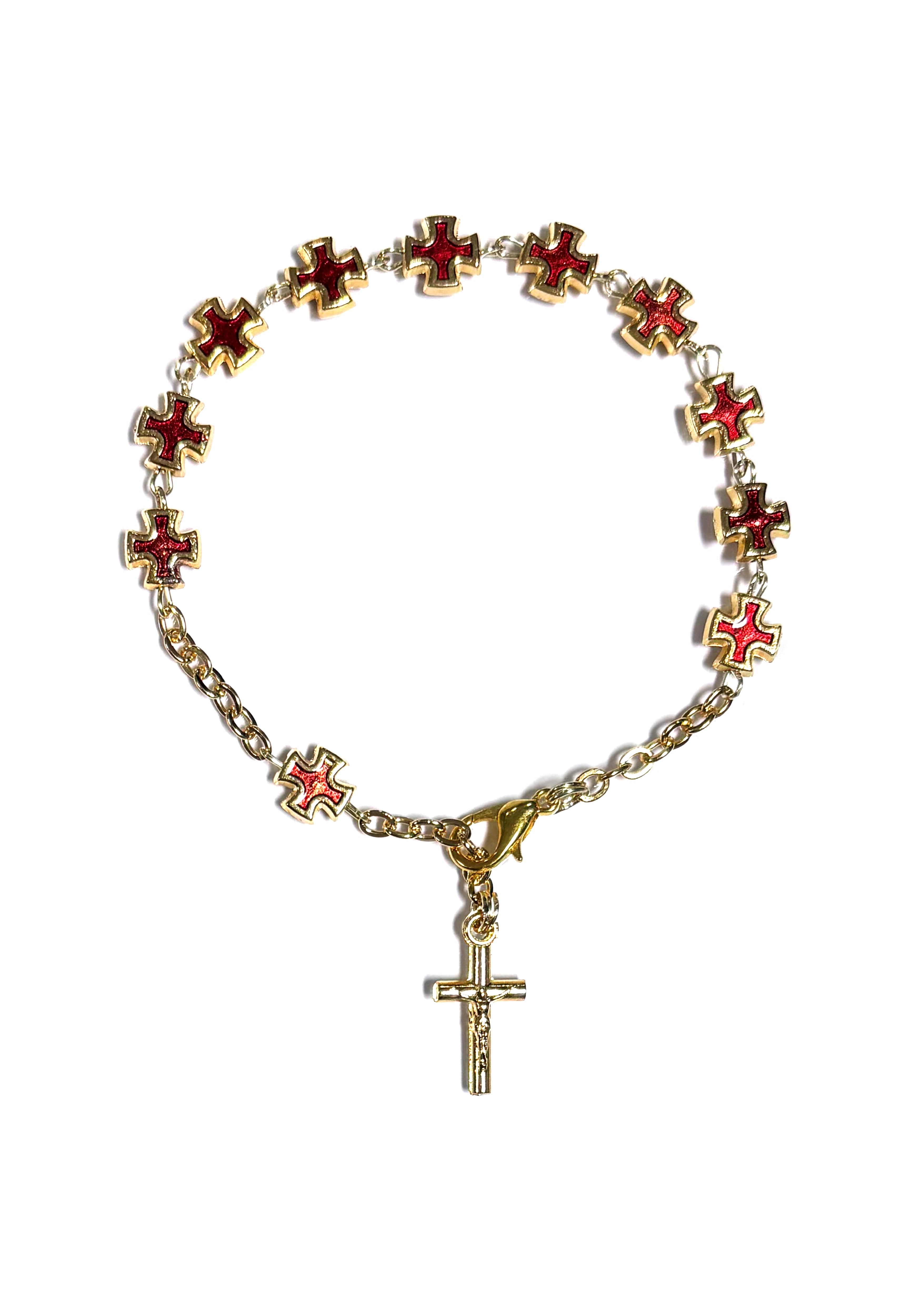 Pulsera de cruz bañada en oro y esmalte rojo