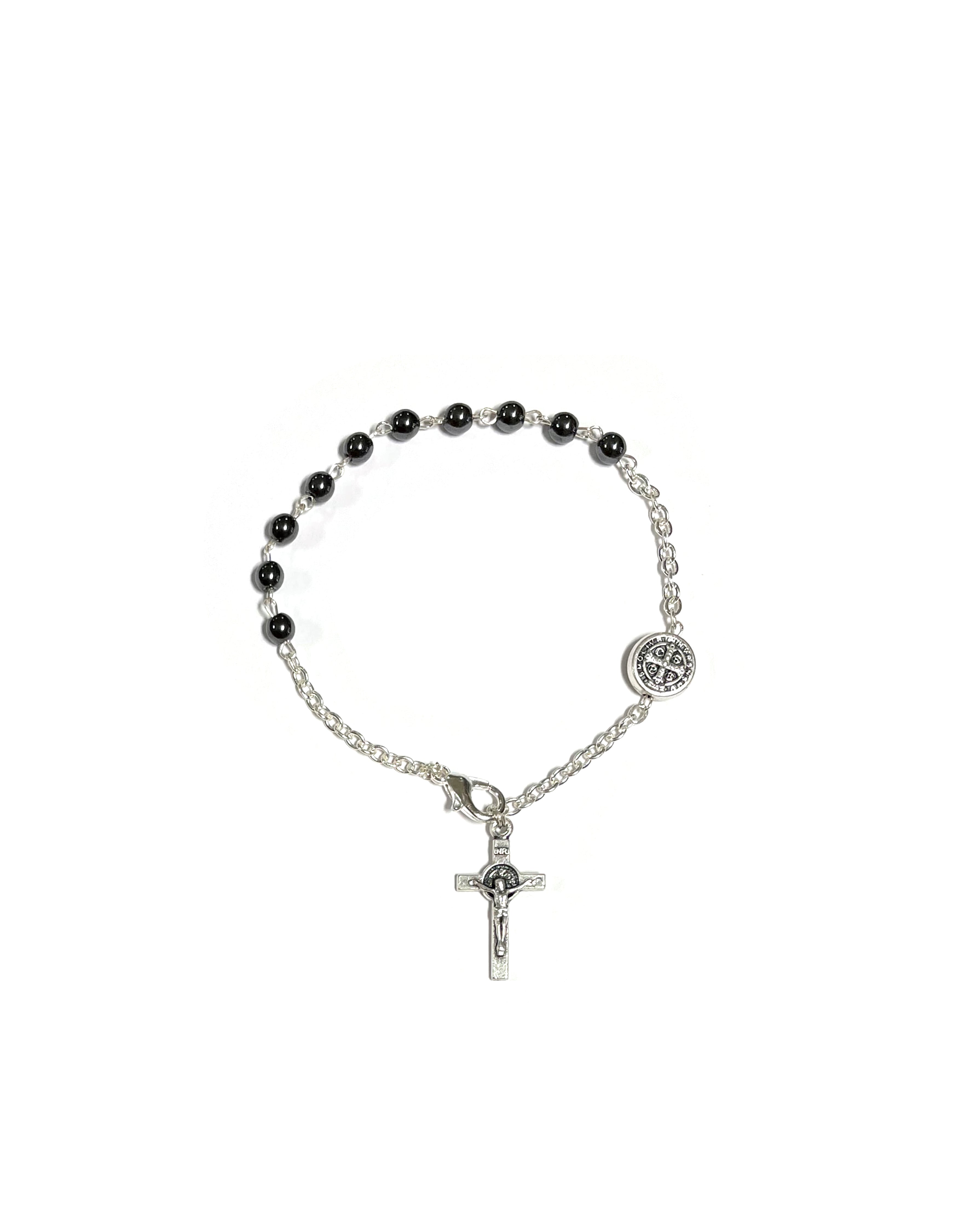 Pulsera de San Benito con piedra hematita en plata oxidada